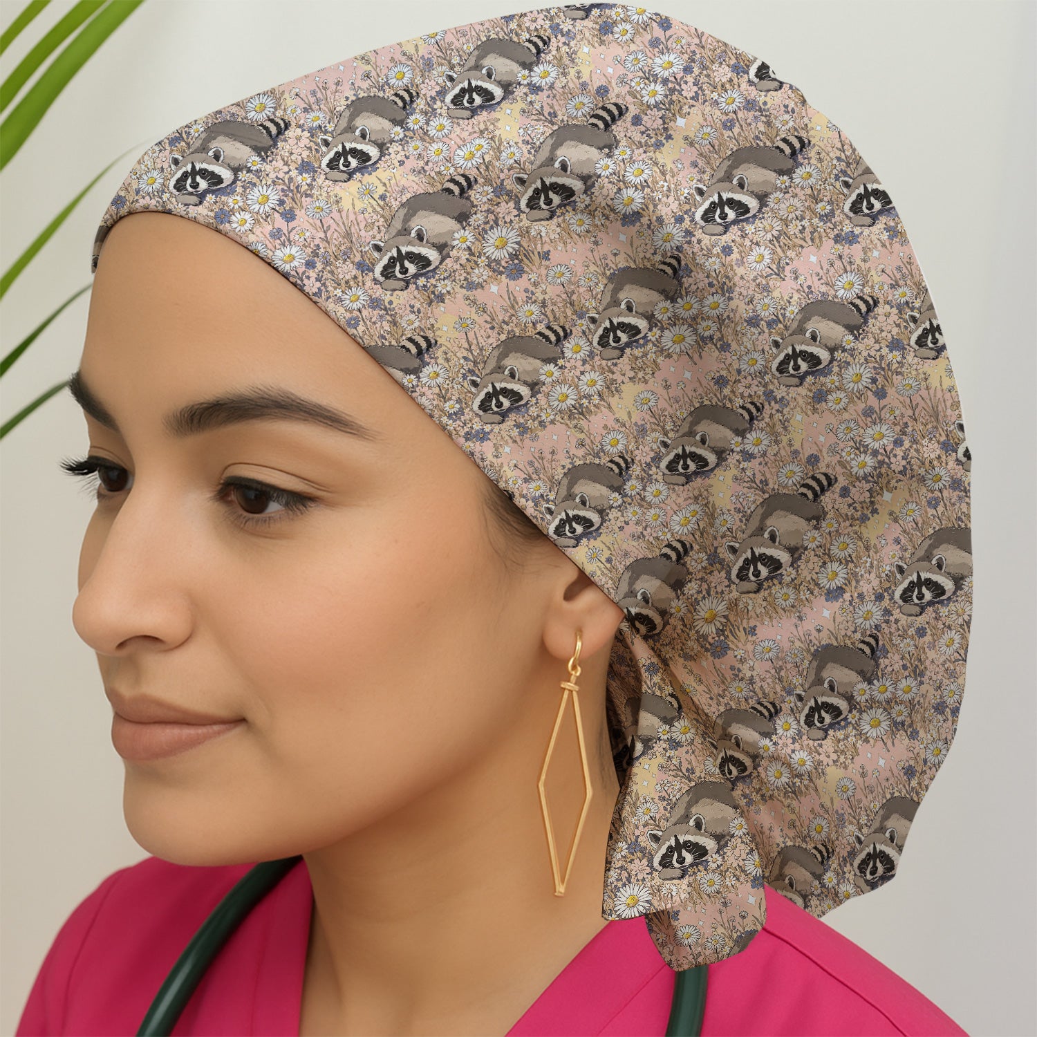 Cute Raccoon Wildflower Meadow Pattern Scrub Cap, Surgical Caps for Doctors