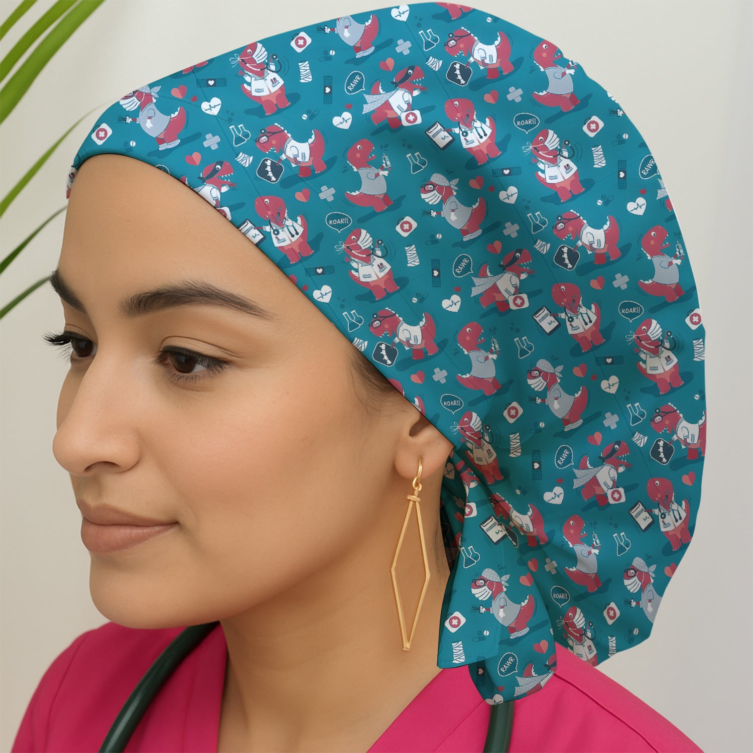 Cute Dinosaur Doctor Medical Pattern Cap, Bouffant Scrub Caps for Women