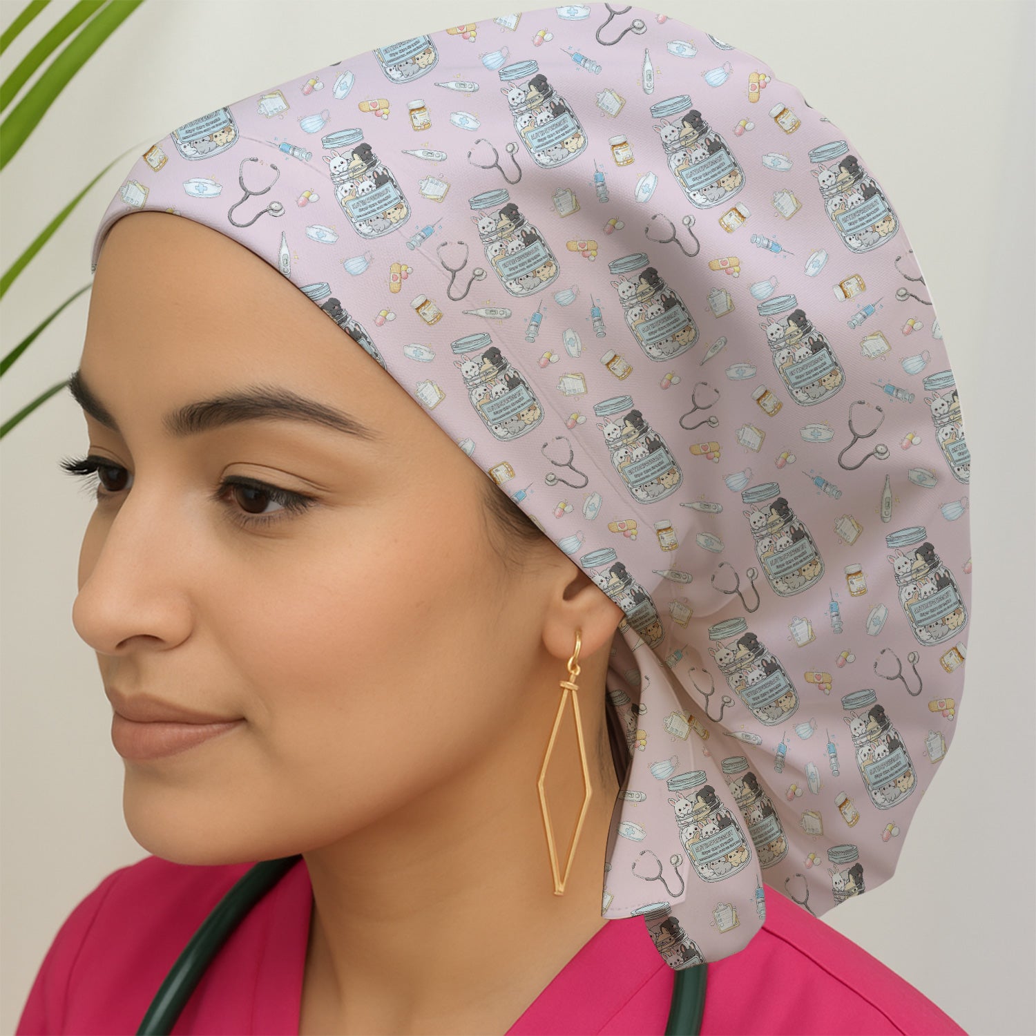 Whimsical Antidepressant Rabbit Jar Design Scrub Cap, Breathable Fabric Uniform Cap