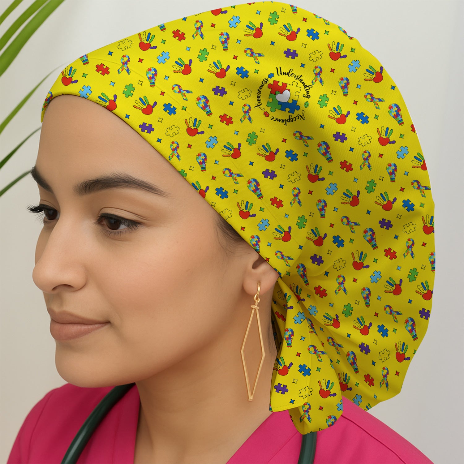 Autism Awareness Colorful Puzzle Pattern Print Cap, Bouffant Scrub Caps for Women