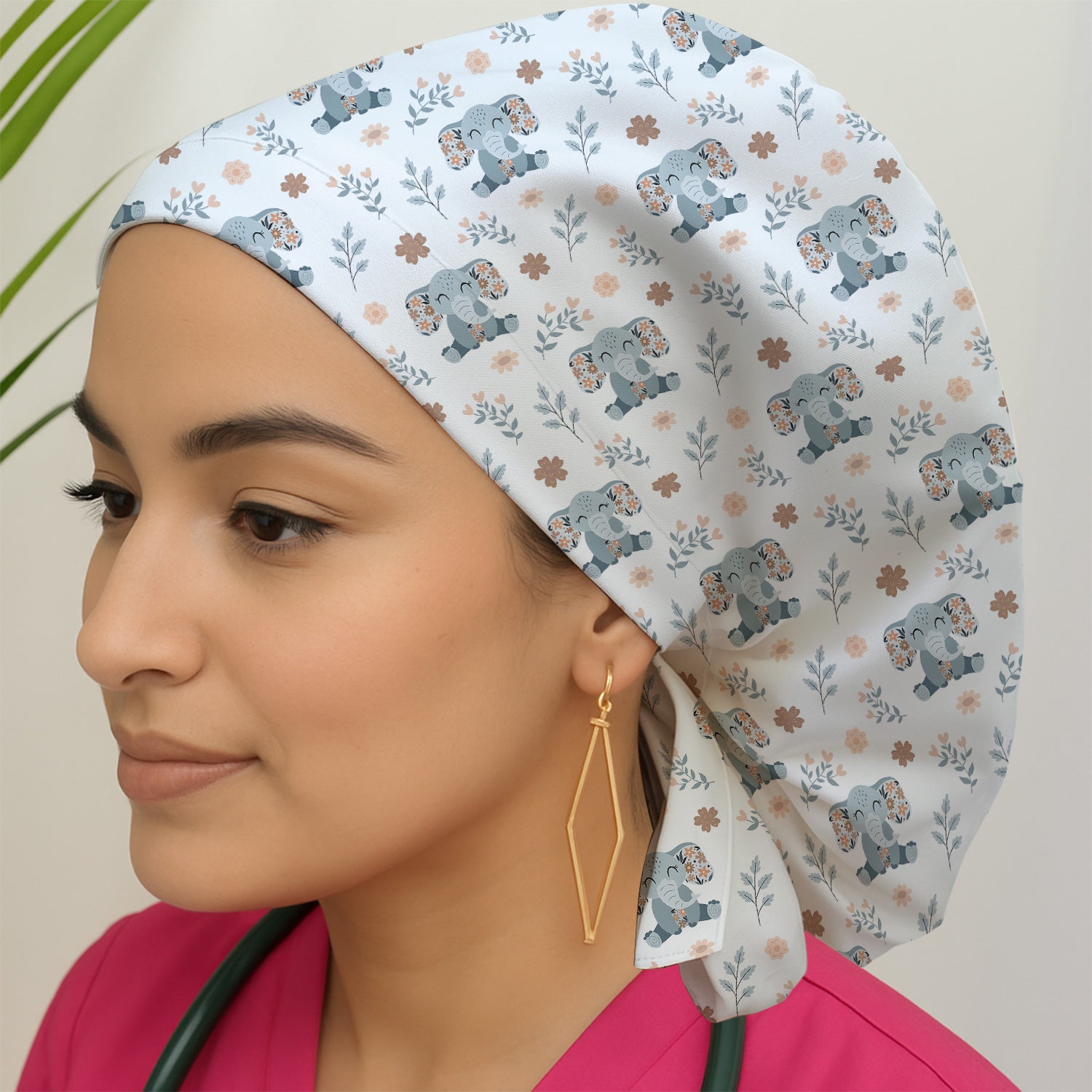 Cute Elephant Floral Pattern Cap, Bouffant Scrub Caps for Women