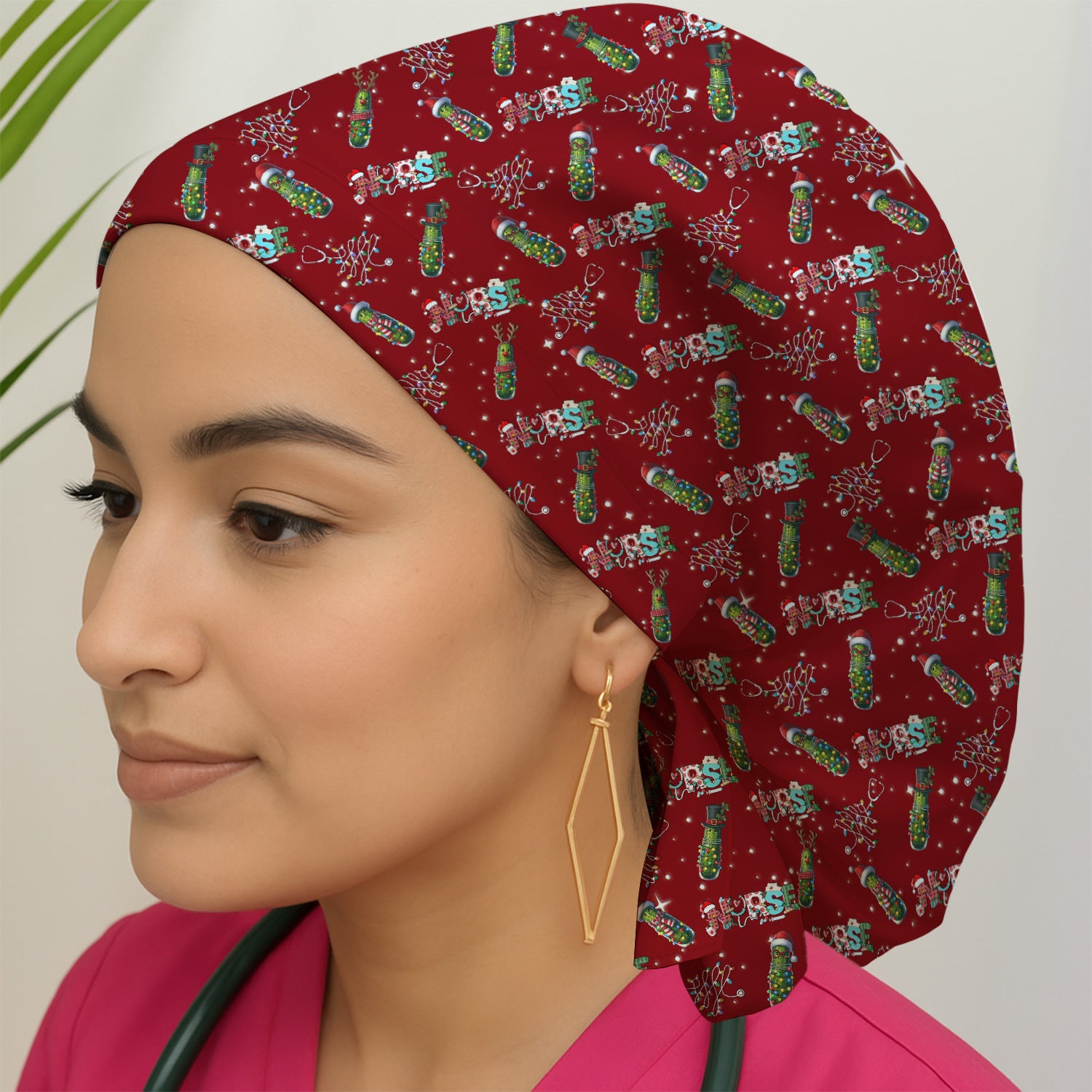 Christmas Nurse Scrub Cap with Buttons - Funny Pickle Holiday Surgical Hat for Women - Medical Bouffant Cap Long Hair