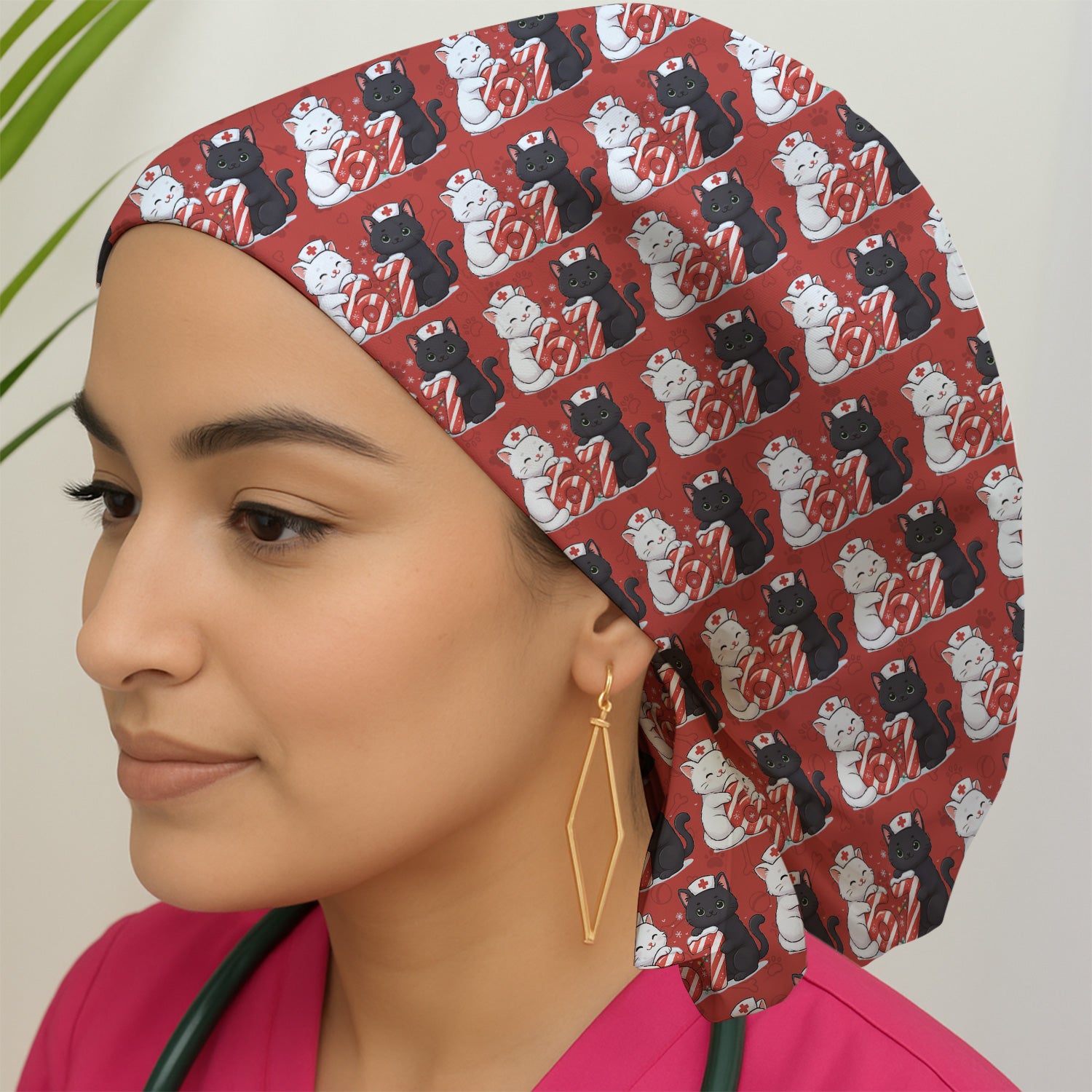 Xmas Cat Pattern Scrub Cap, Christmas Nurse Six Seven With Cat Scrub Hat, Breathable Fabrics Nursing Uniform