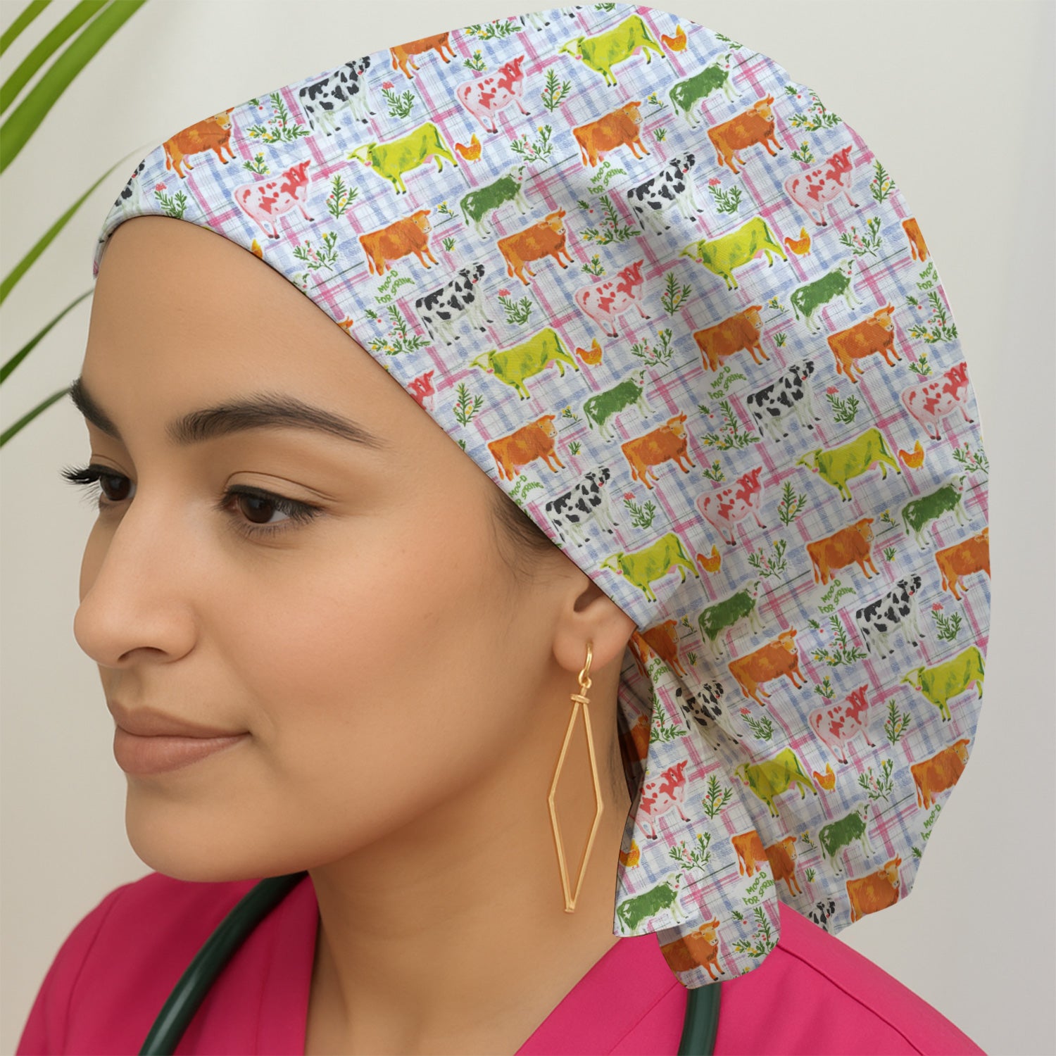 Colorful Farm Cow Plaid Print Scrub Cap, Bouffant Scrub Cap for Women