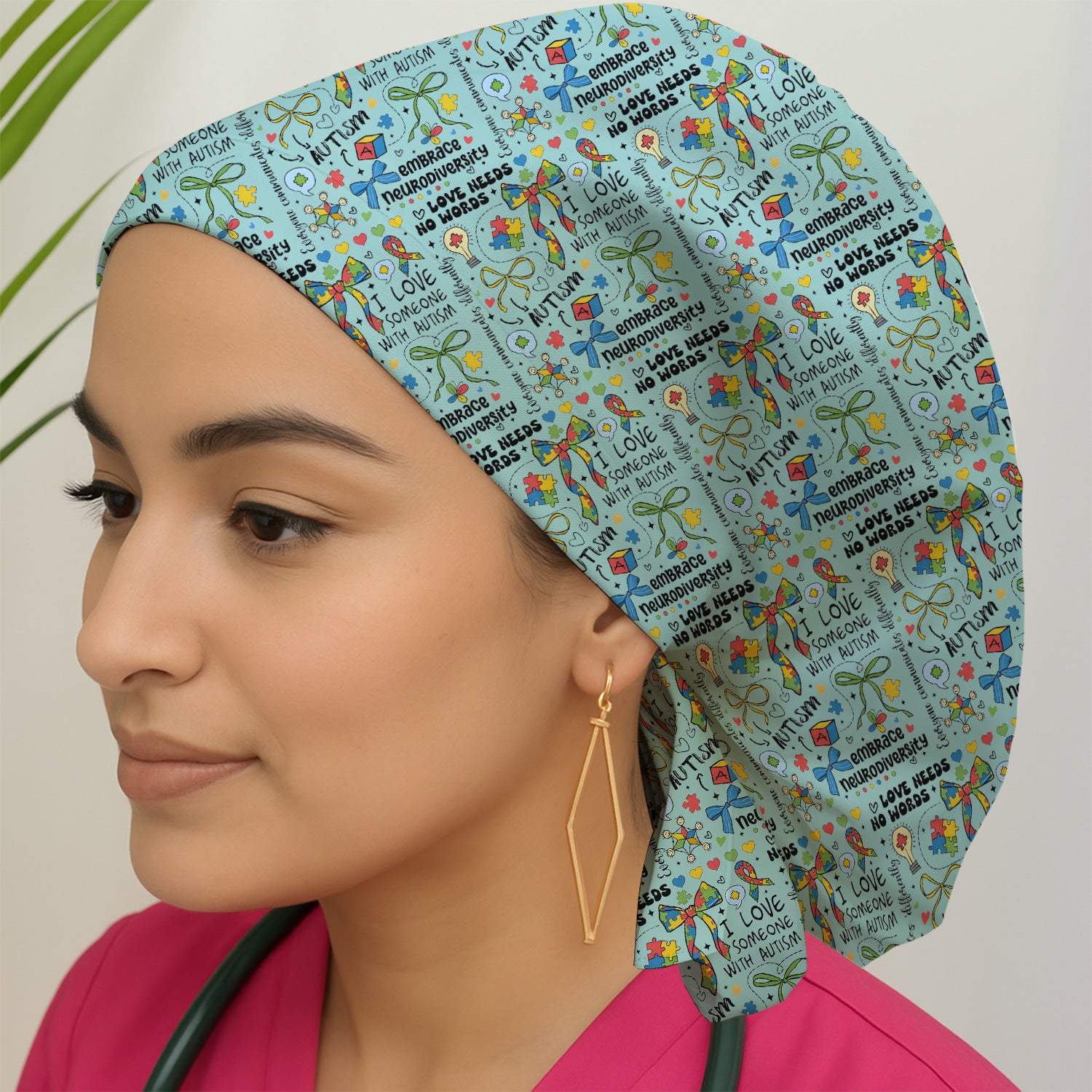 Autism Awareness Puzzle Ribbon Pattern Scrub Top, Breathable Fabrics Nursing Uniform