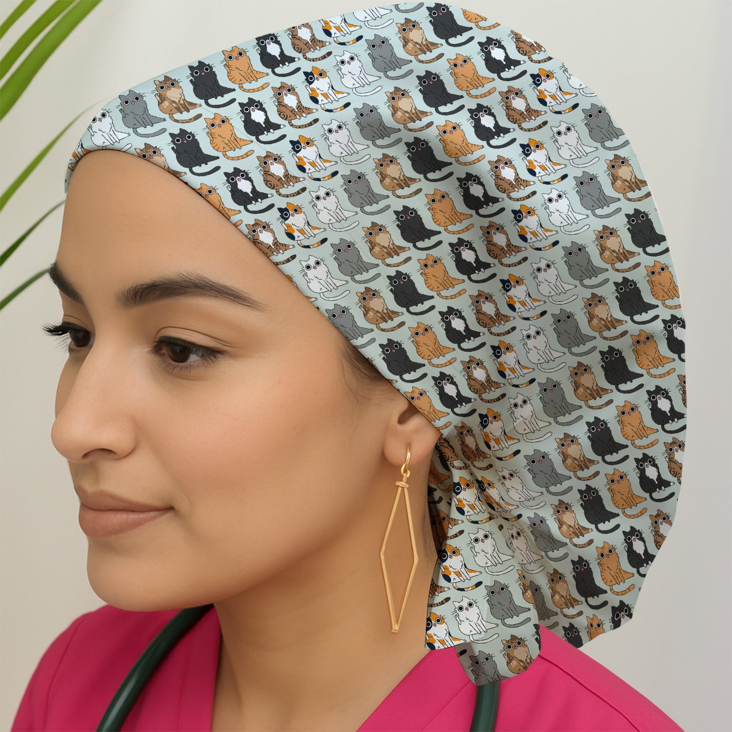 Cute Cartoon Cat Pattern Scrub Cap, Bouffant Scrub Caps for Women