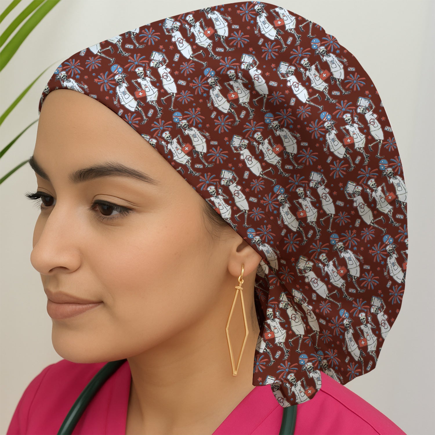 Funny Skeleton Nurse Patriotic Print Cap, Bouffant Scrub Caps for Women
