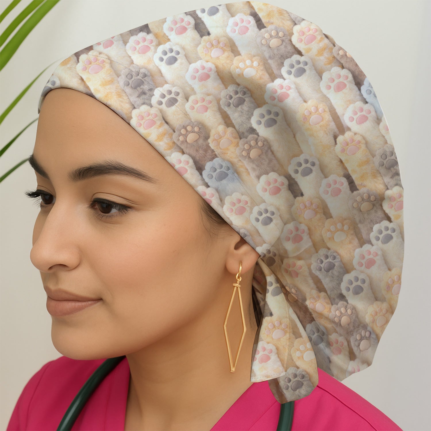 Cute Fluffy Cat Paw Pattern Print Cap, Bouffant Scrub Caps for Women