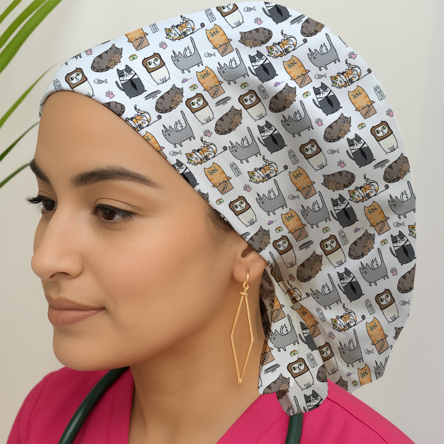 Lazy Cat Doodle Pattern Scrub Cap, All Over Cozy Kitty Surgical Hat for Women