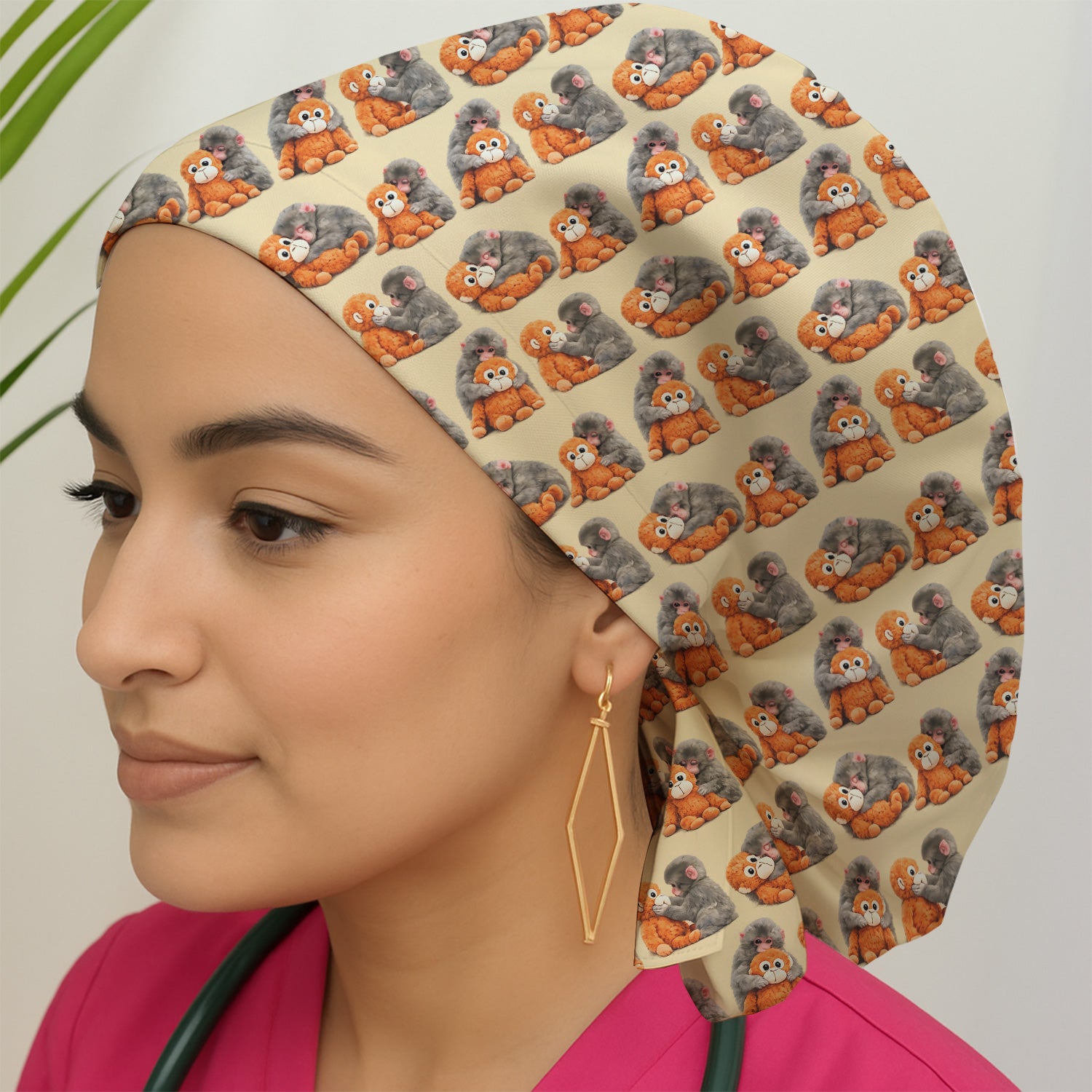 Cute Baby Monkey Plush Toy Animal Pattern Print Cap, Adjustable Nurse Surgical Cap