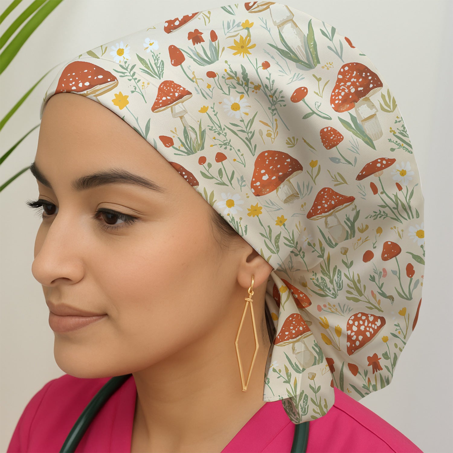 Cute Mushroom Wildflower Pattern Scrub Cap, Breathable Fabrics Caps Uniform