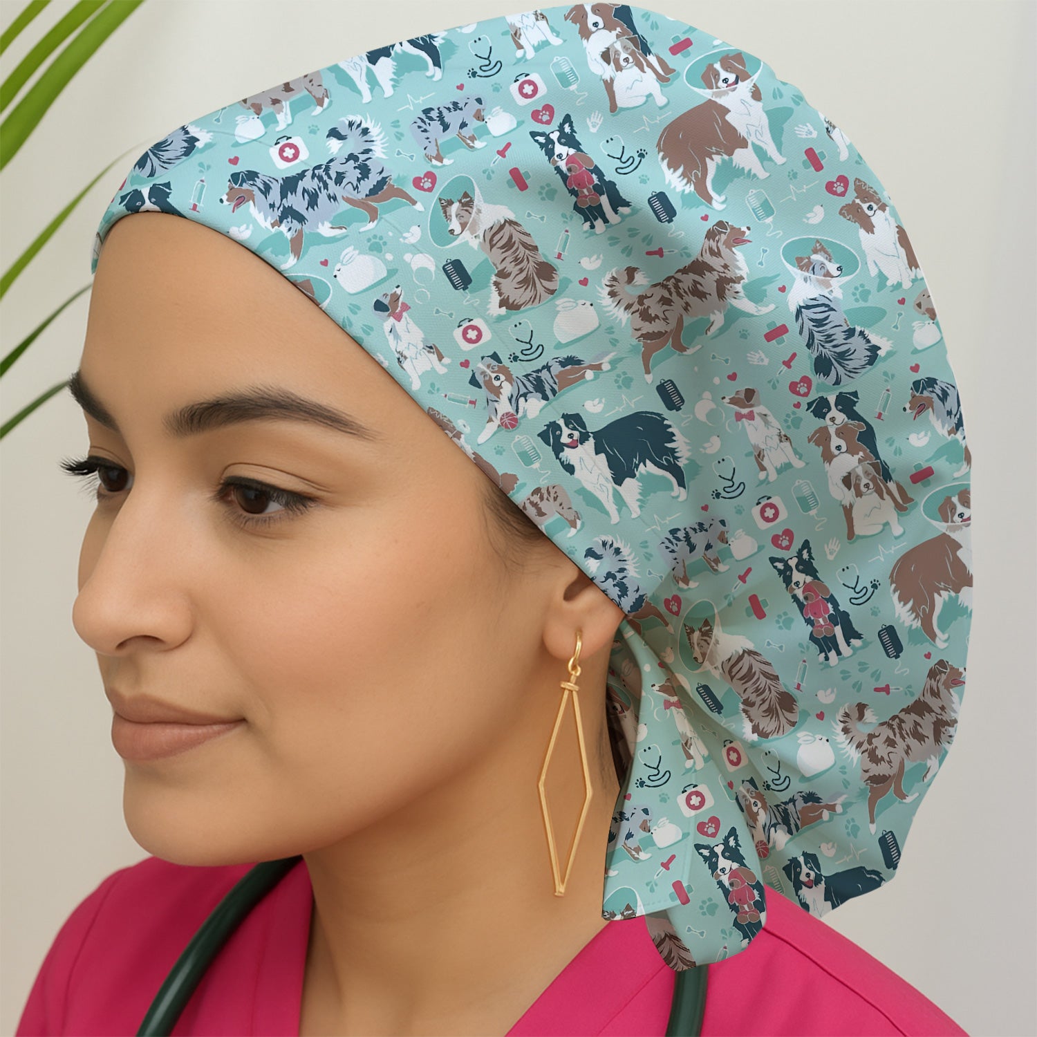 Cute Dog Pattern Veterinary Scrub Cap, Bouffant Scrub Caps for Women