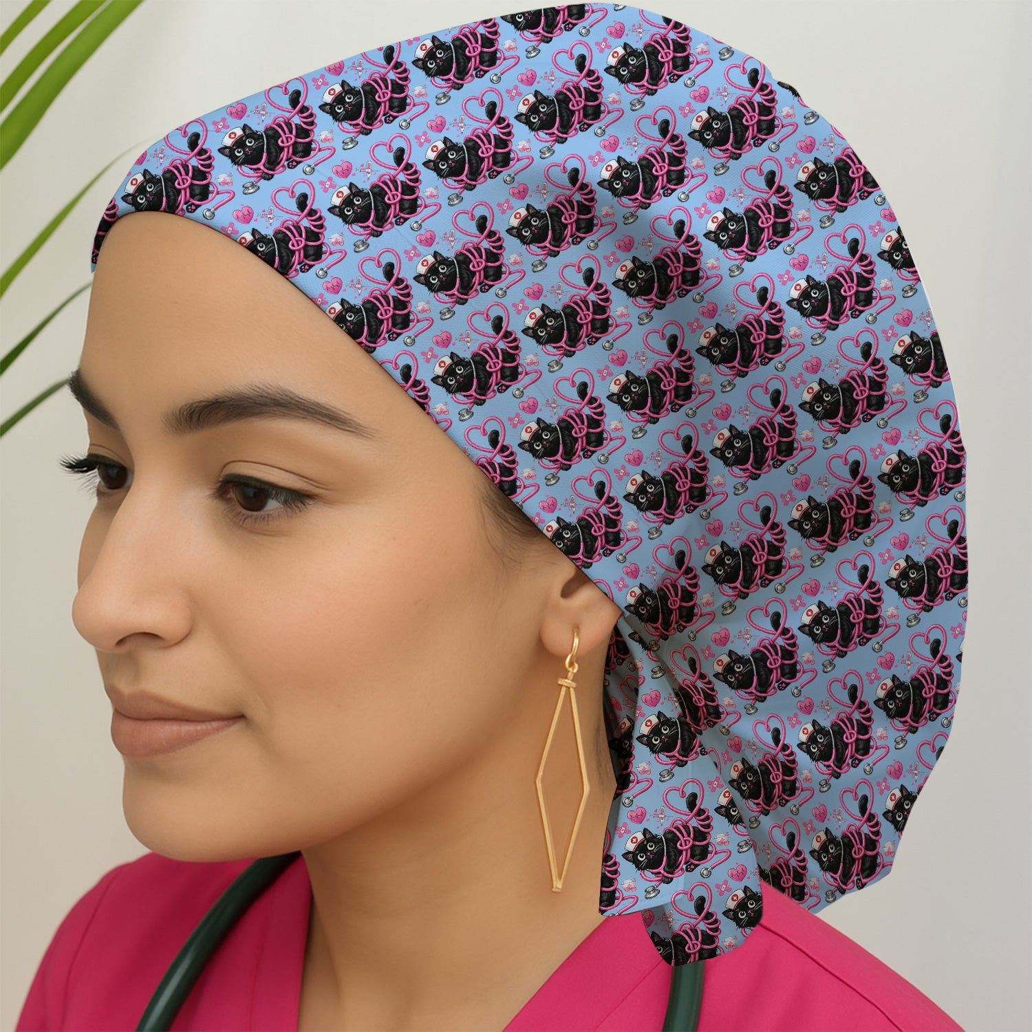 Valentine Cute Cat Nurse Heart Print Scrub Cap, Surgical Caps for Doctors