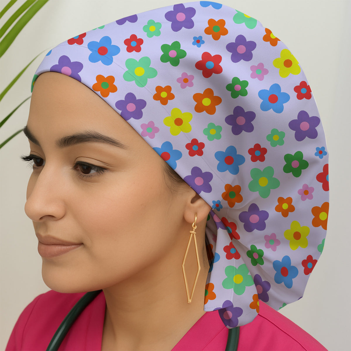 Colorful Retro Flower Pattern Print Scrub Cap, Surgical Caps for Doctors