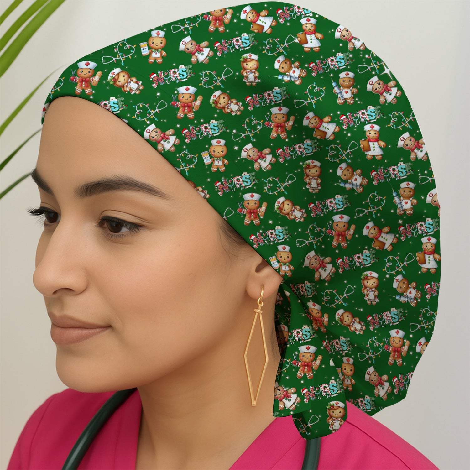 Nurse Scrub Cap with Buttons for Women - Christmas Surgical Hats Cute Gingerbread Design - Medical Bouffant Cap Long Hair