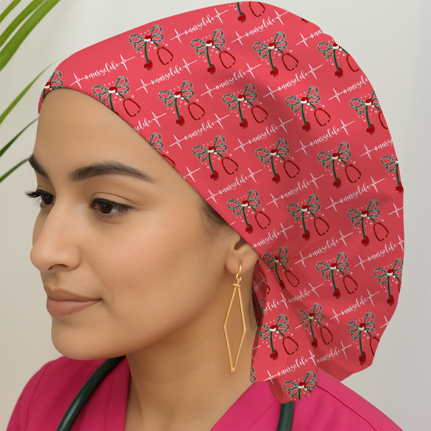 Festive Nurse Life Christmas Scrub Cap - Christmas Stethoscope & Heartbeat Graphic - Gift for RN LPN CNA