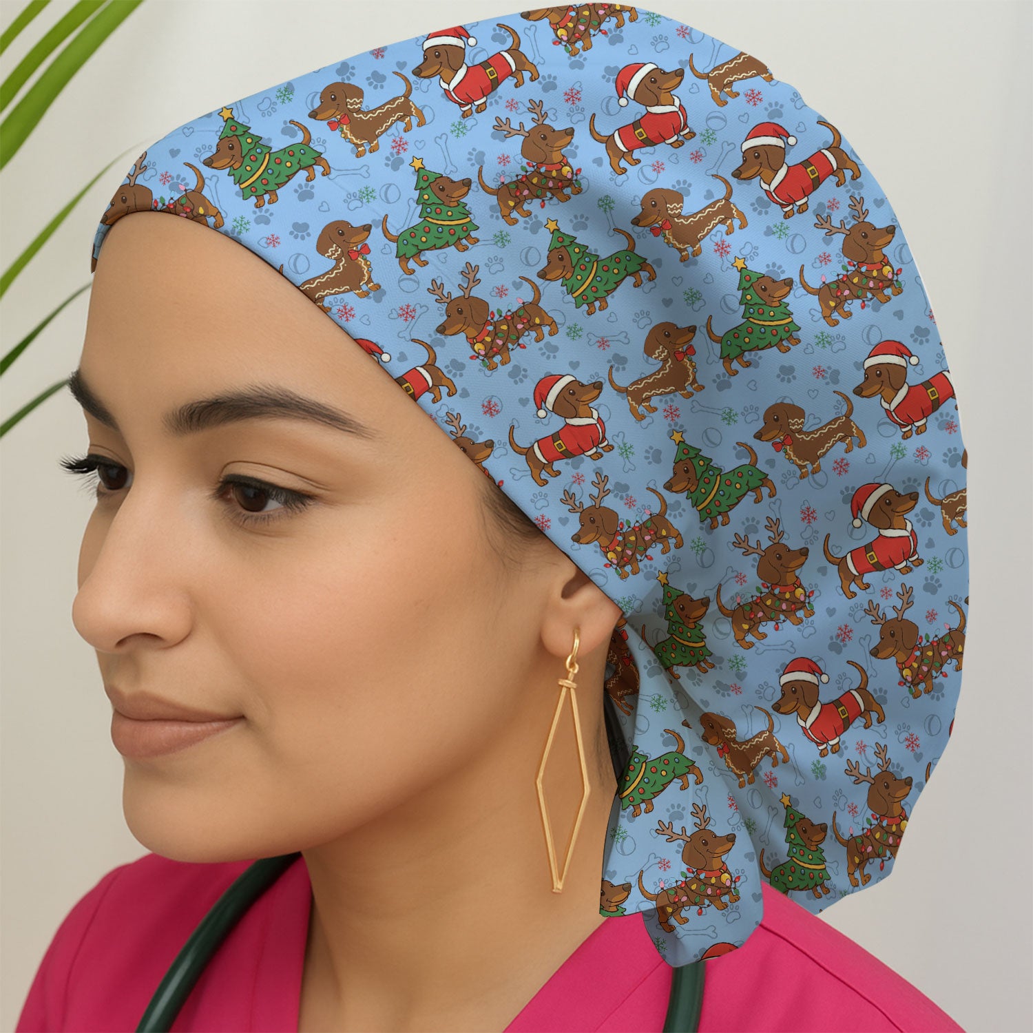 Christmas Dachshund Scrub Cap - Sausage Dog Wiener Holiday Surgical Hat Multi Color - Xmas Gift for RN CNA LPN