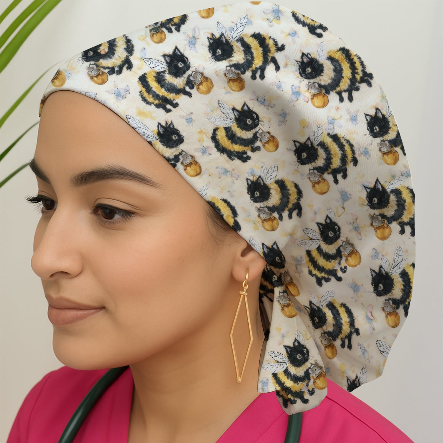 Adorable Nurse Bumblebee Cat Honey Jar Winged Pattern Scrub Cap, Surgical Caps for Doctors