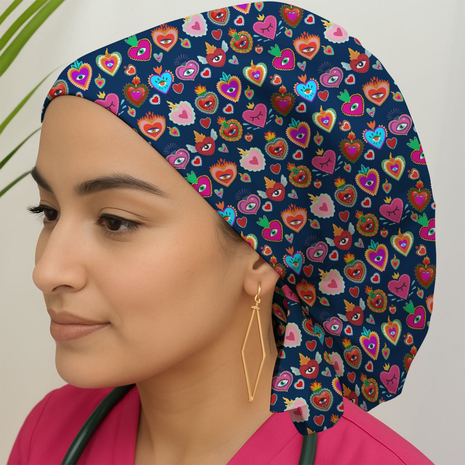 Valentine Colorful Sacred Heart Print Cap, Bouffant Scrub Caps for Women