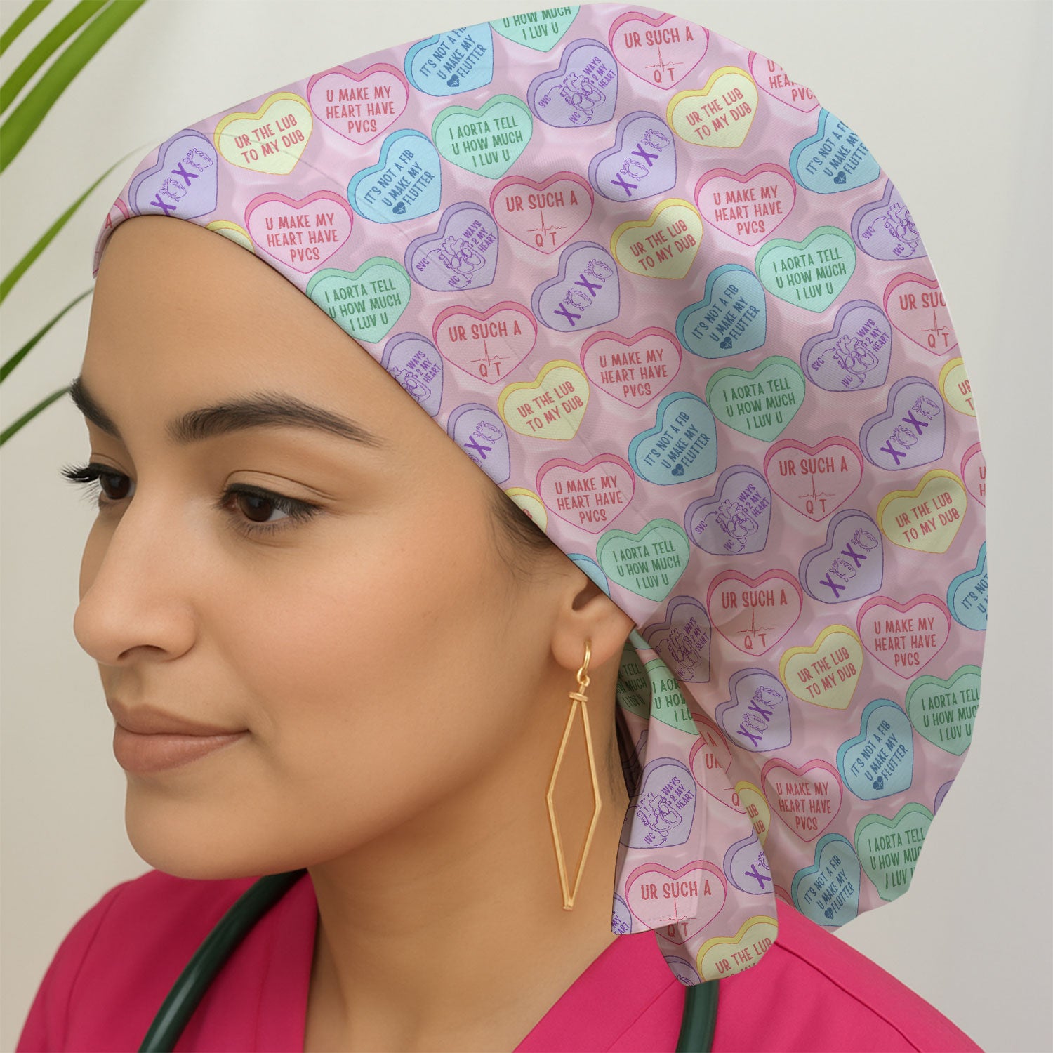 Medical Candy Heart Valentine Pattern, Fun Medical Pattern, Bouffant Scrub Caps for Women