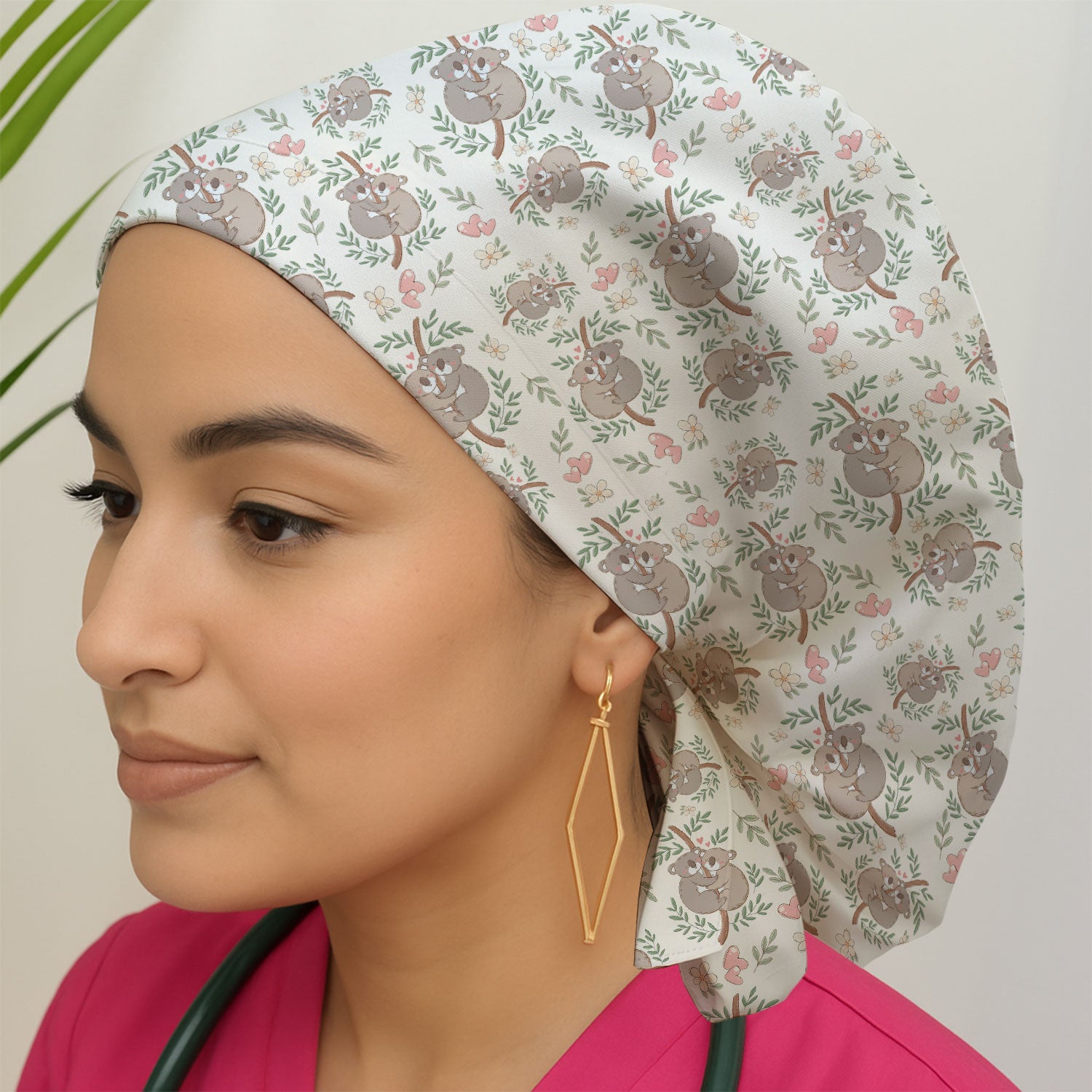 Cute Koala Love Floral Scrub Cap Pattern,  Bouffant Scrub Caps for Women