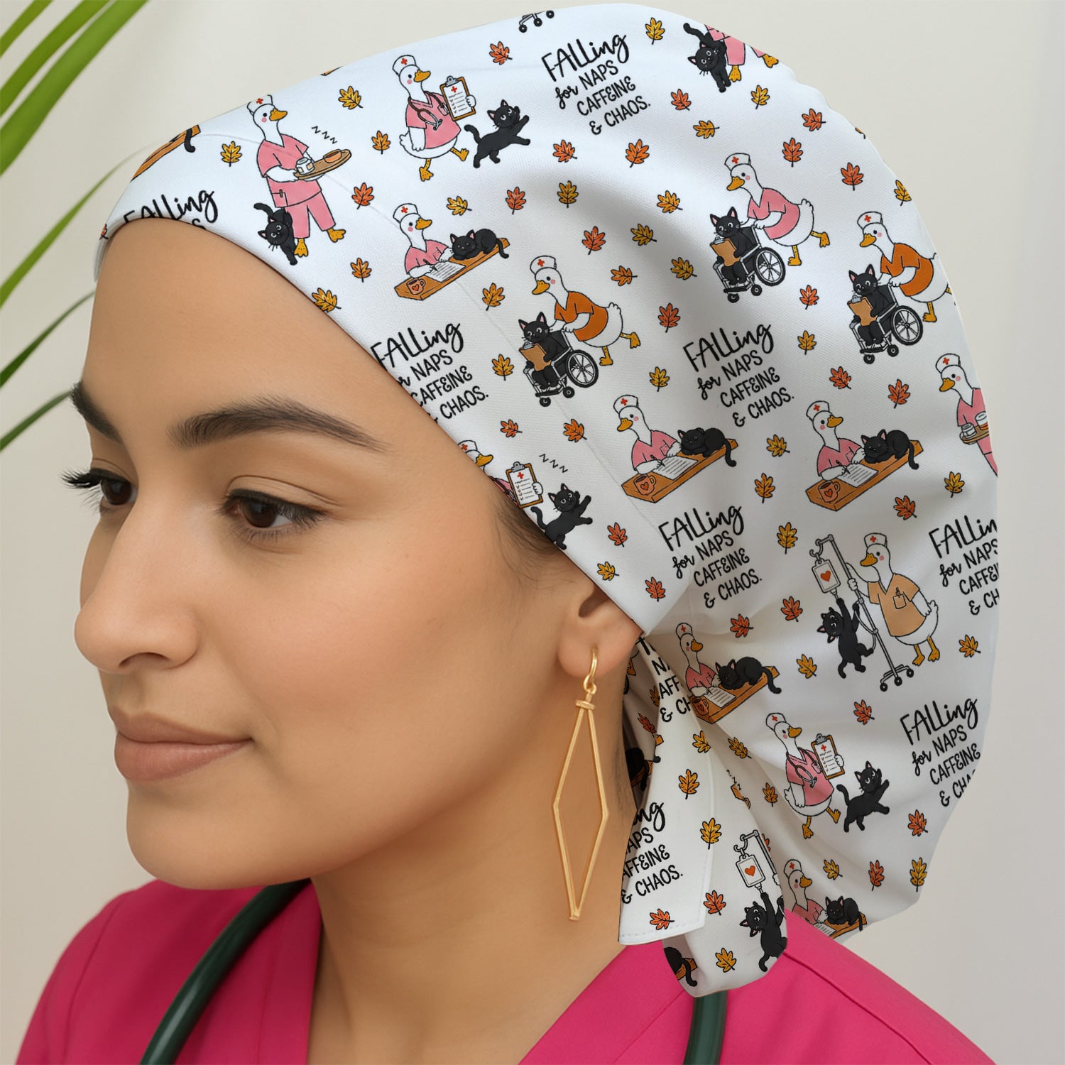 Funny Fall Nurse Goose And Black Cat Scrub Cap, Surgical Caps for Doctors