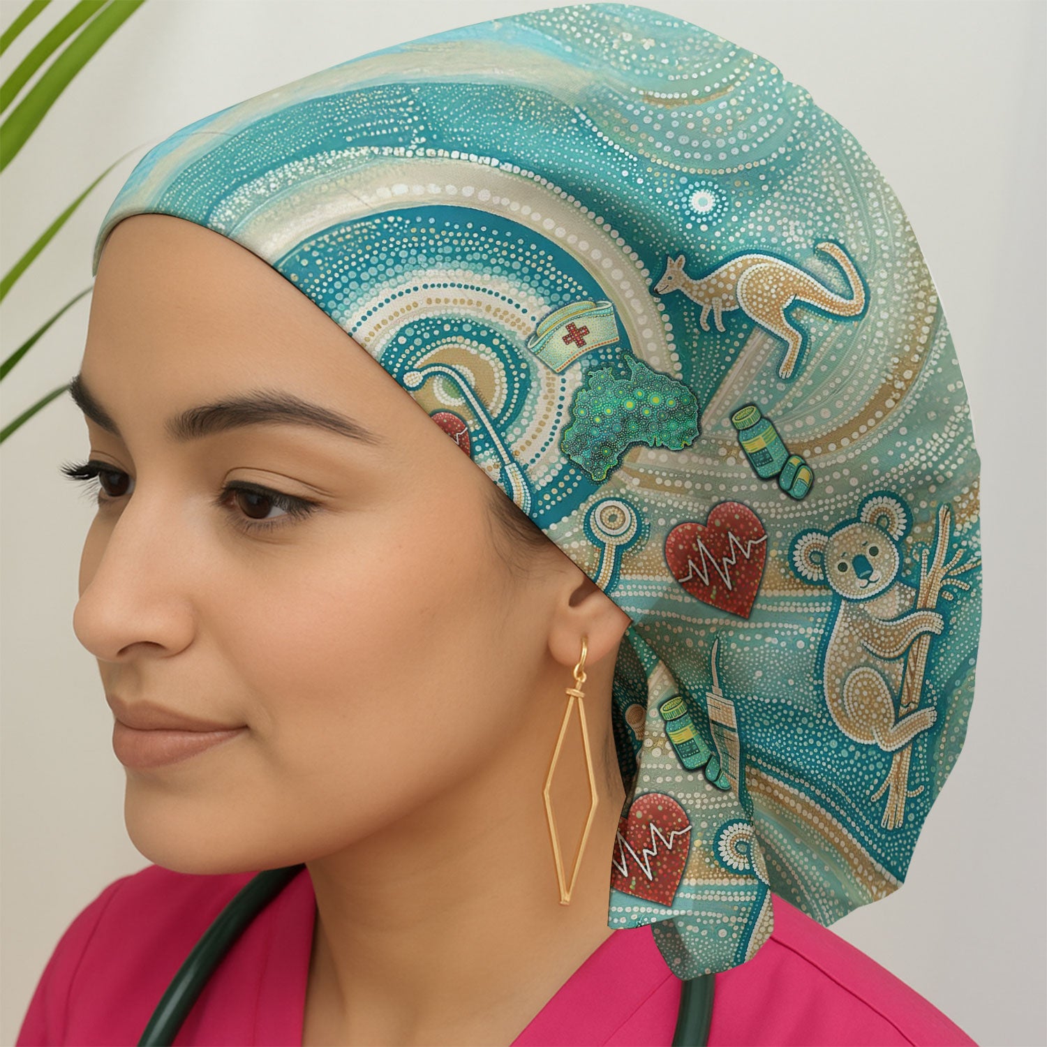 Australian Wildlife Dot Art Inspired Nursing Scrub Caps for Women