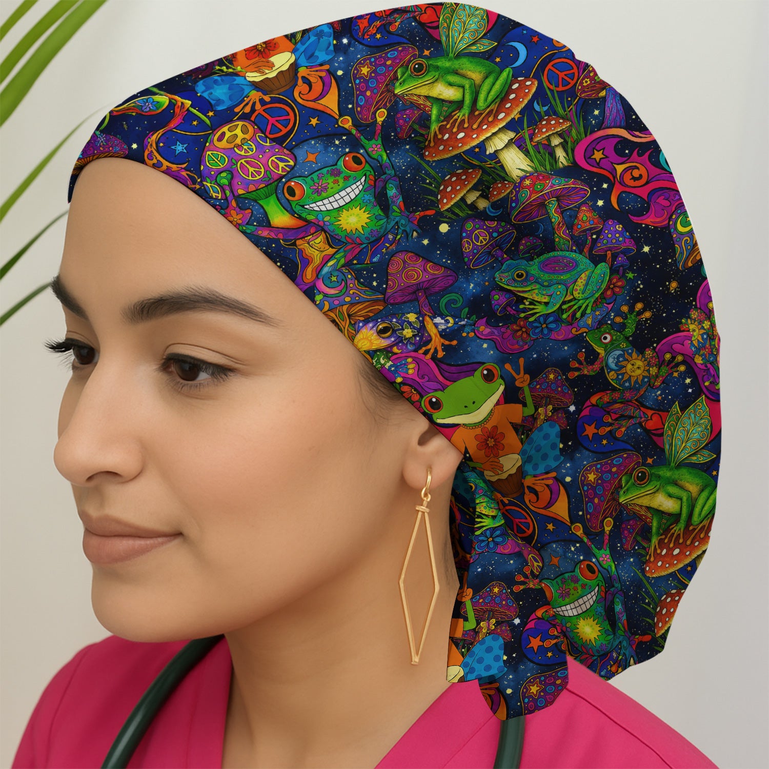 Psychedelic Frog with Mushroom Peace Print Scrub Cap, Surgical Caps for Doctors
