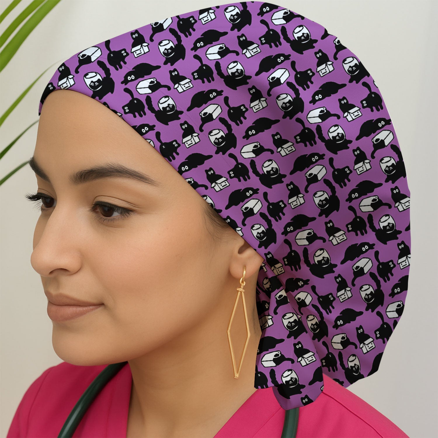 Dark Playful Cat Cartoon Pattern Cap, Bouffant Scrub Caps for Women