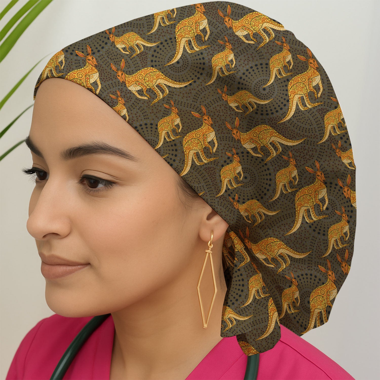 Australian Kangaroo Dot Art Inspired Nursing Scrub Caps for Women
