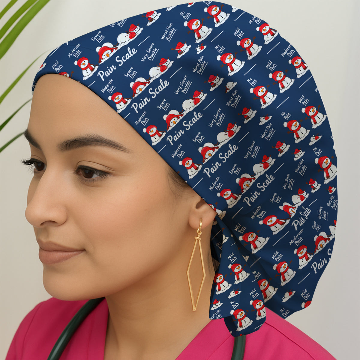 Funny Christmas Snowman Pain Scale Scrub Cap, Breathable Fabrics Nursing Uniform