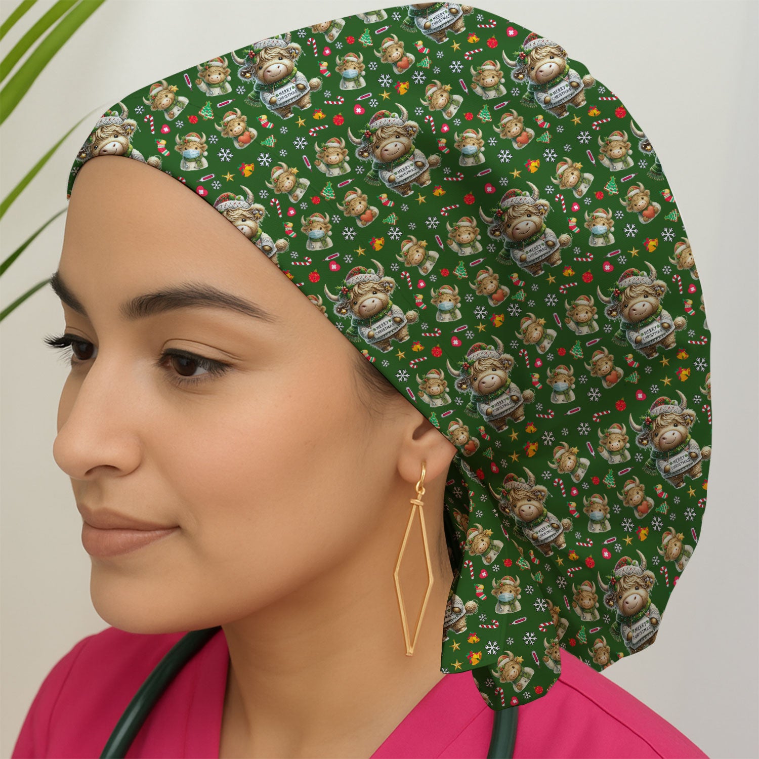 Christmas Highland Cow Scrub Cap, Cute Holiday Cow Print Surgical Hat For Nurses, Breathable Fabrics Nursing Uniform