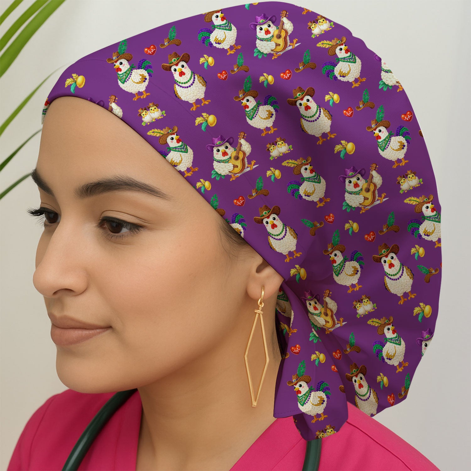 Funny Mardi Gras Rooster Cowboy Print Cap, Bouffant Scrub Caps for Women