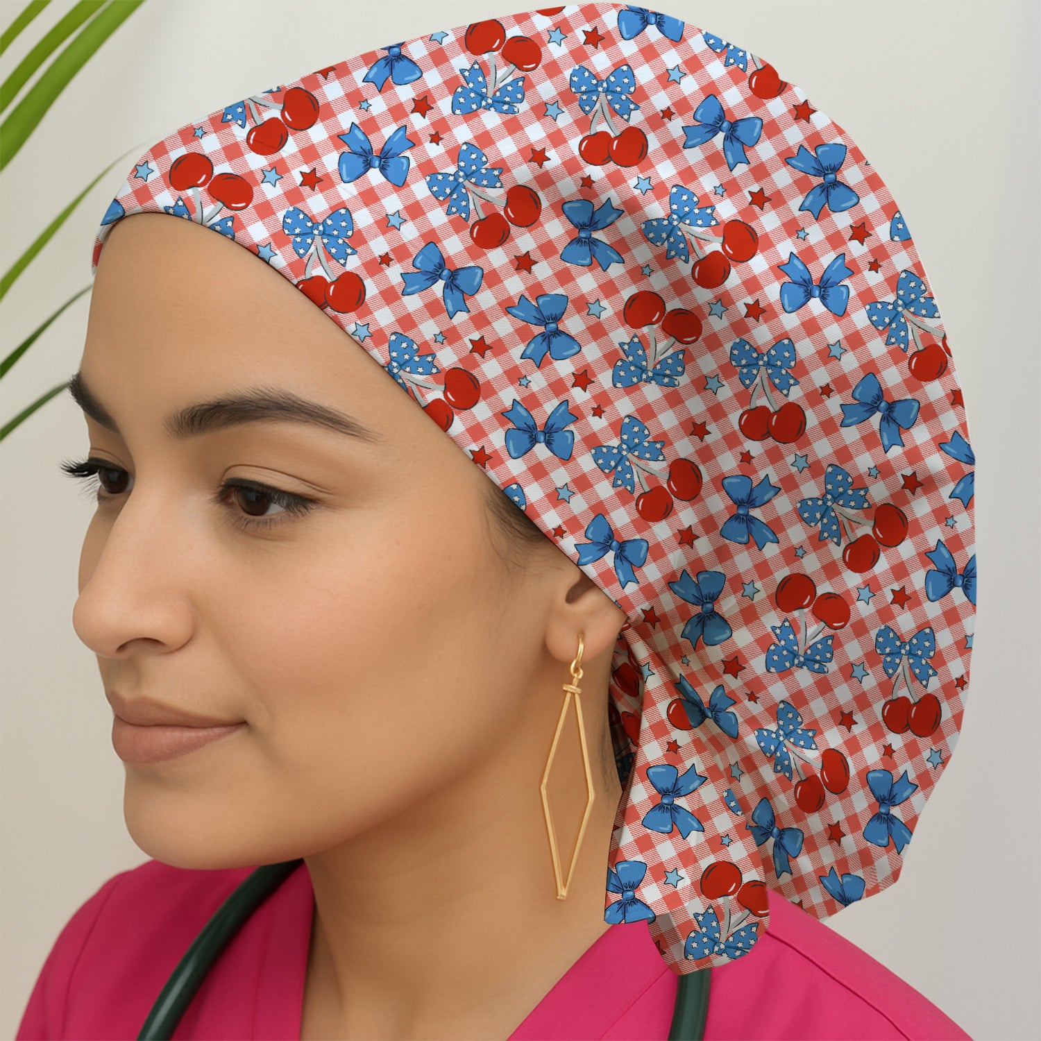 Cute Patriotic Cherry Bow Checkered Pattern Scrub Cap, Surgical Caps for Doctors
