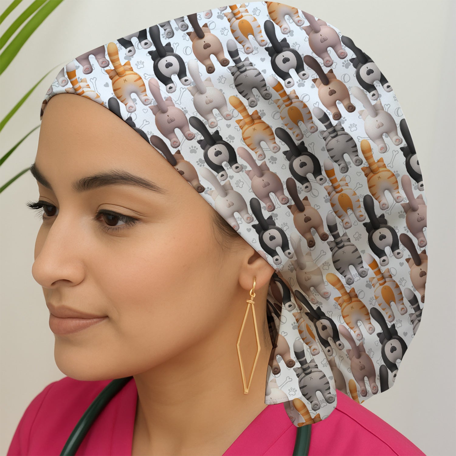 Funny Cat Butt Paw Print Pattern Cap, Bouffant Scrub Caps for Women