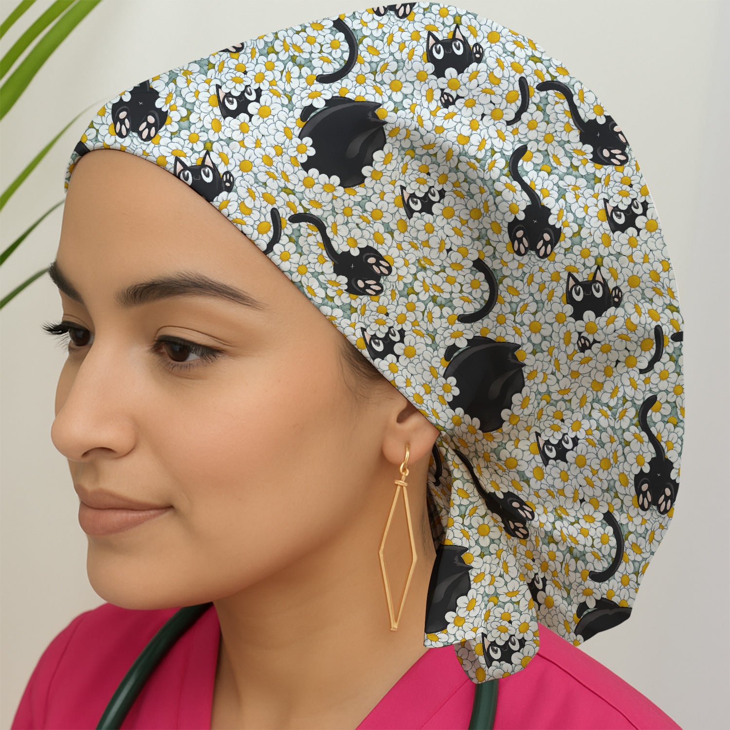 Daisy Black Cat Nurse Pattern Scrub Cap, Surgical Caps for Doctors