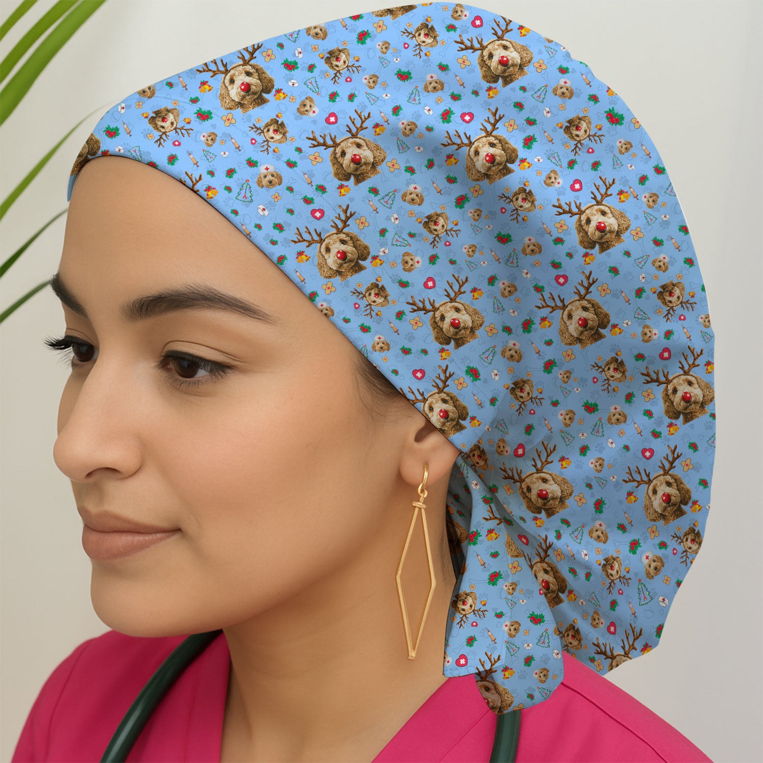 Christmas Labradoodle Bouffant Scrub Caps for Women - Funny Reindeer Dog Cap