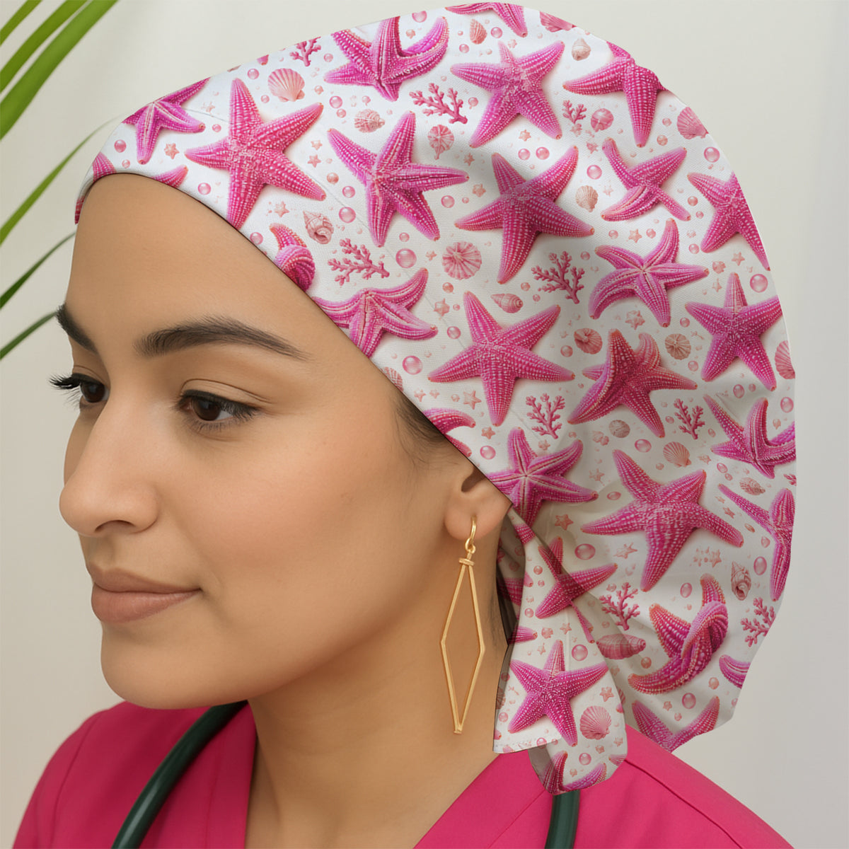 Pink Starfish And Seashell Pattern Scrub Cap, Surgical Caps for Doctors