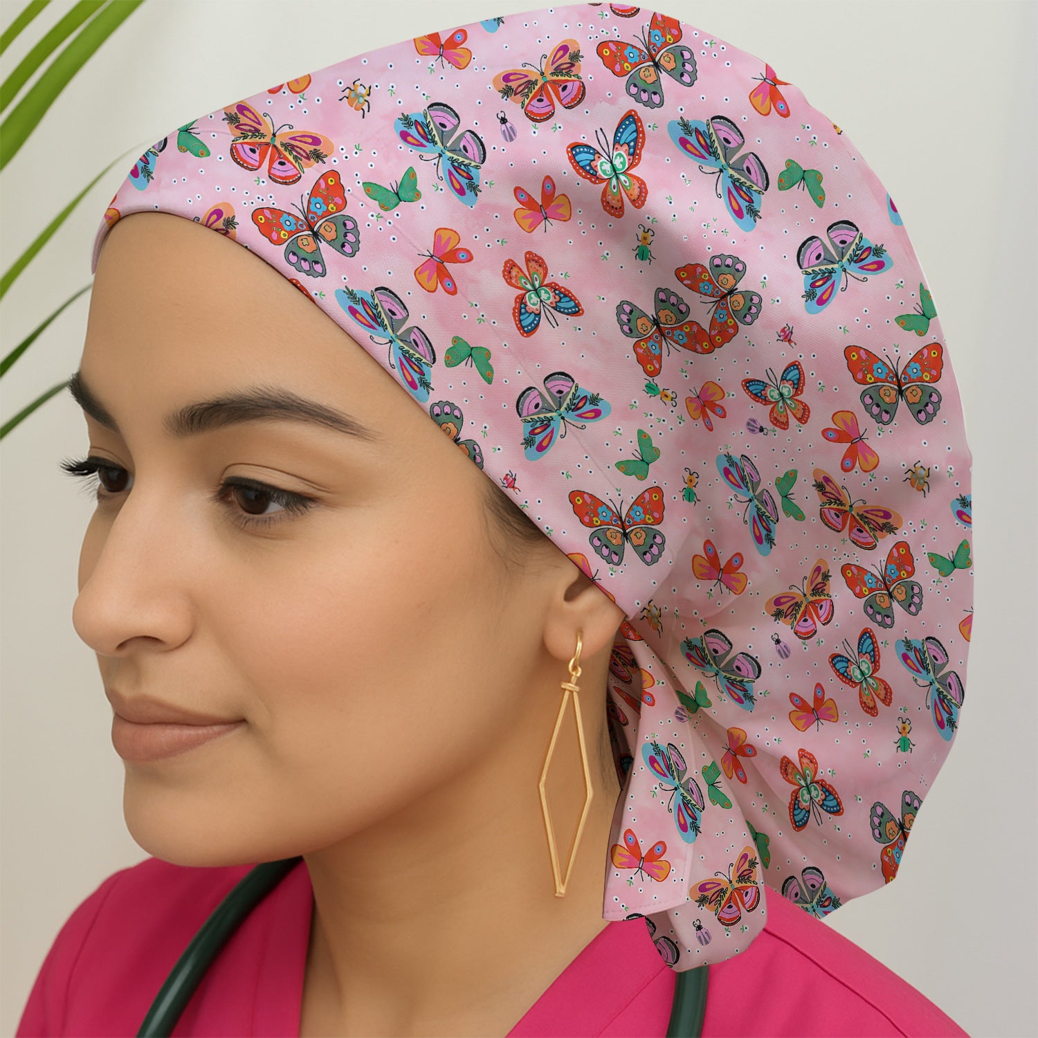 Colorful Butterfly Garden Pattern Cap, Bouffant Scrub Caps for Women