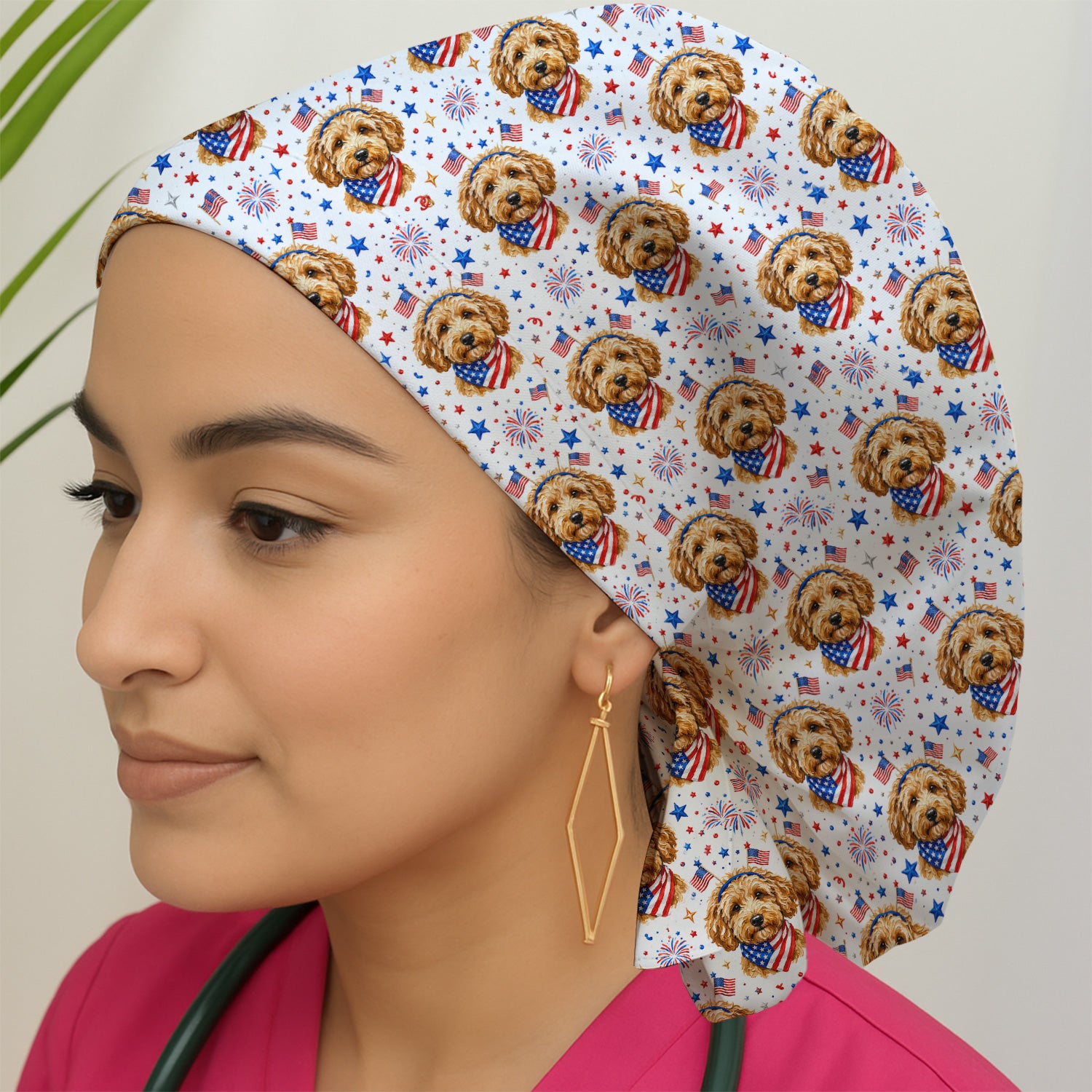 Patriotic Goldendoodle Nurse Pattern Scrub Cap, Surgical Caps for Doctors
