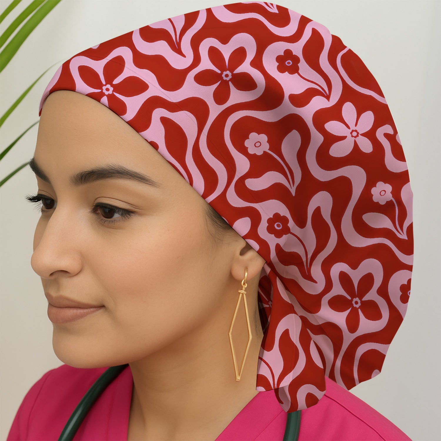 Retro Pink Floral Pattern, Groovy Medical Scrub Cap, Surgical Caps for Doctors
