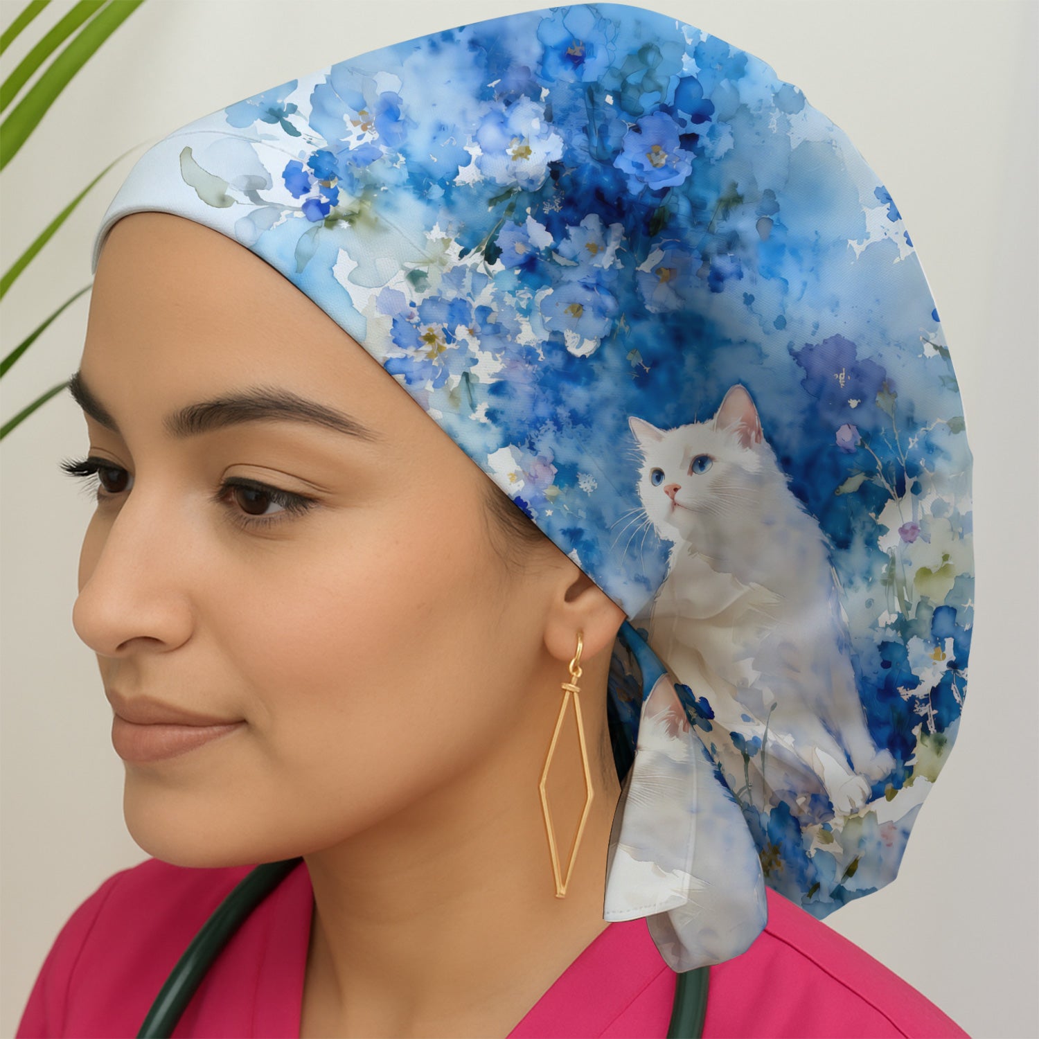 Adorable Blue Floral White Cat Pattern Scrub Cap, Surgical Caps for Doctors