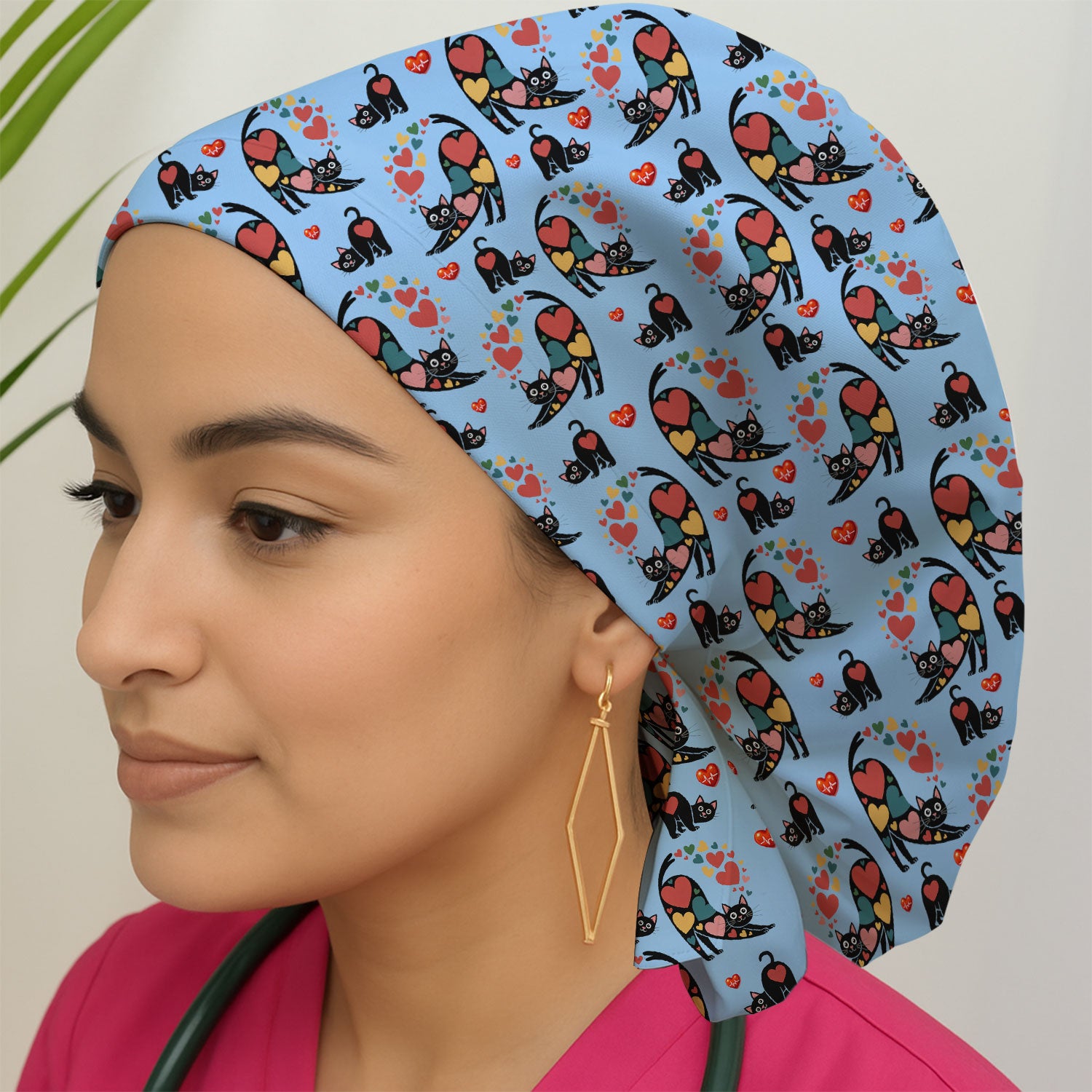 Playful Cat Valentine Heart Print Nurse Scrub Cap, Bouffant Scrub Caps for Women