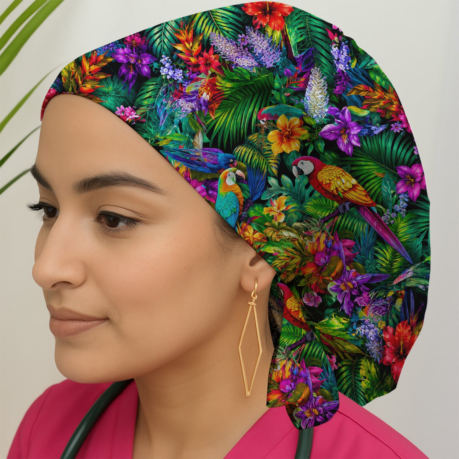 Tropical Parrot Jungle Blossom Pattern Scrub Cap, Surgical Caps for Doctors