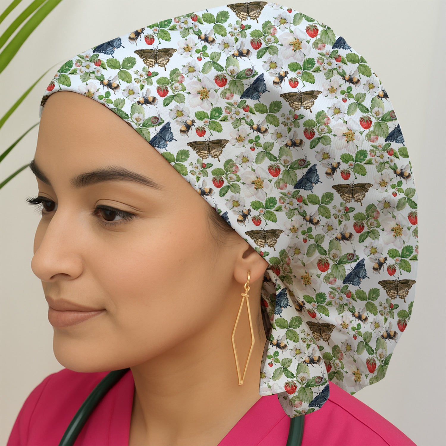 Charming Strawberry Butterfly Garden Pattern Scrub Cap, Surgical Caps for Doctors