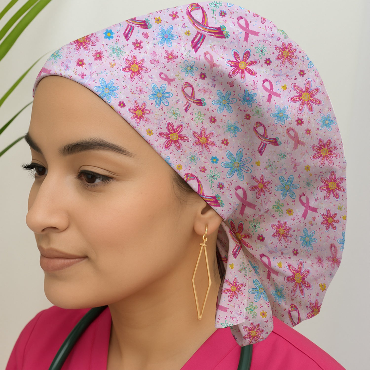 Floral Breast Cancer Awareness Print Scrub Cap, Surgical Caps for Doctors