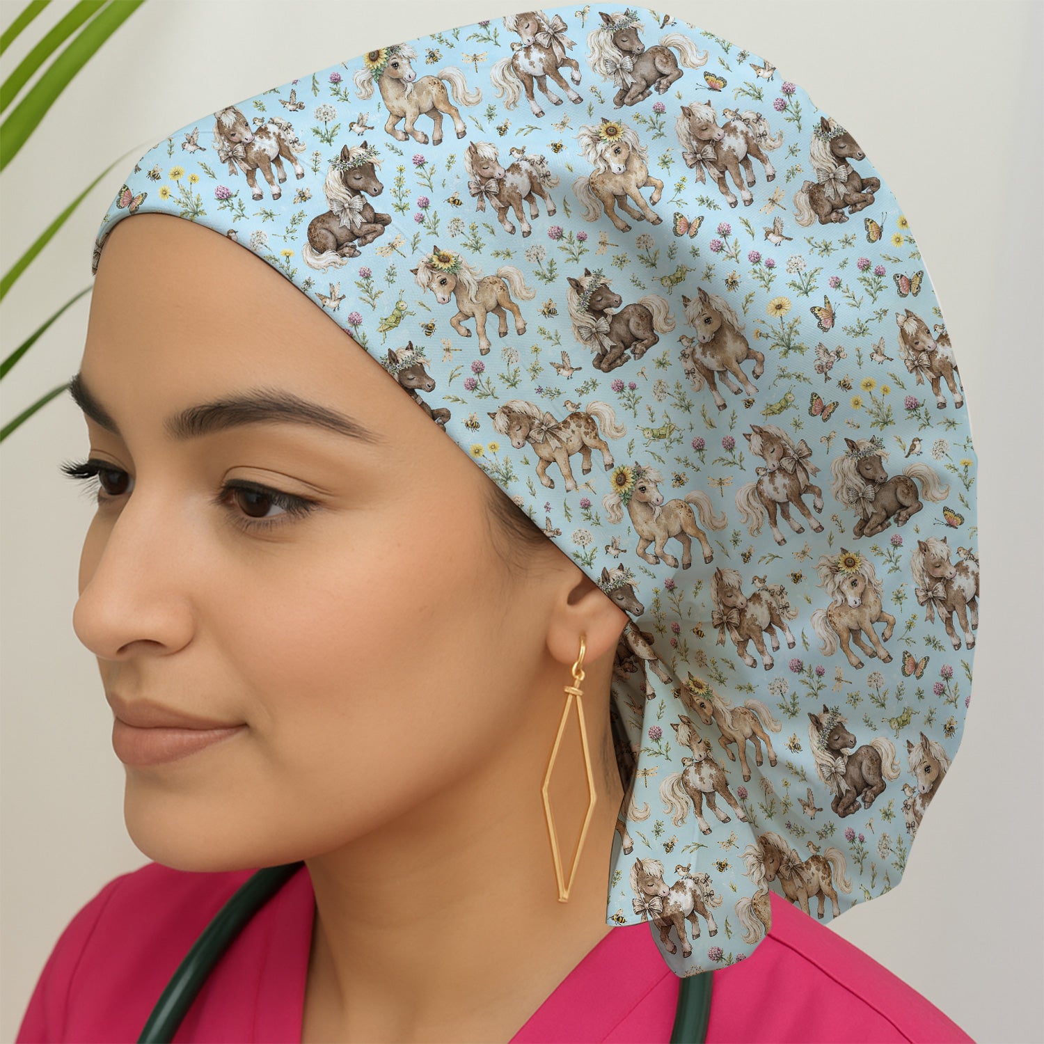 Cute Pony Garden with Butterfly Floral Meadow Print Scrub Cap, Surgical Caps for Doctors