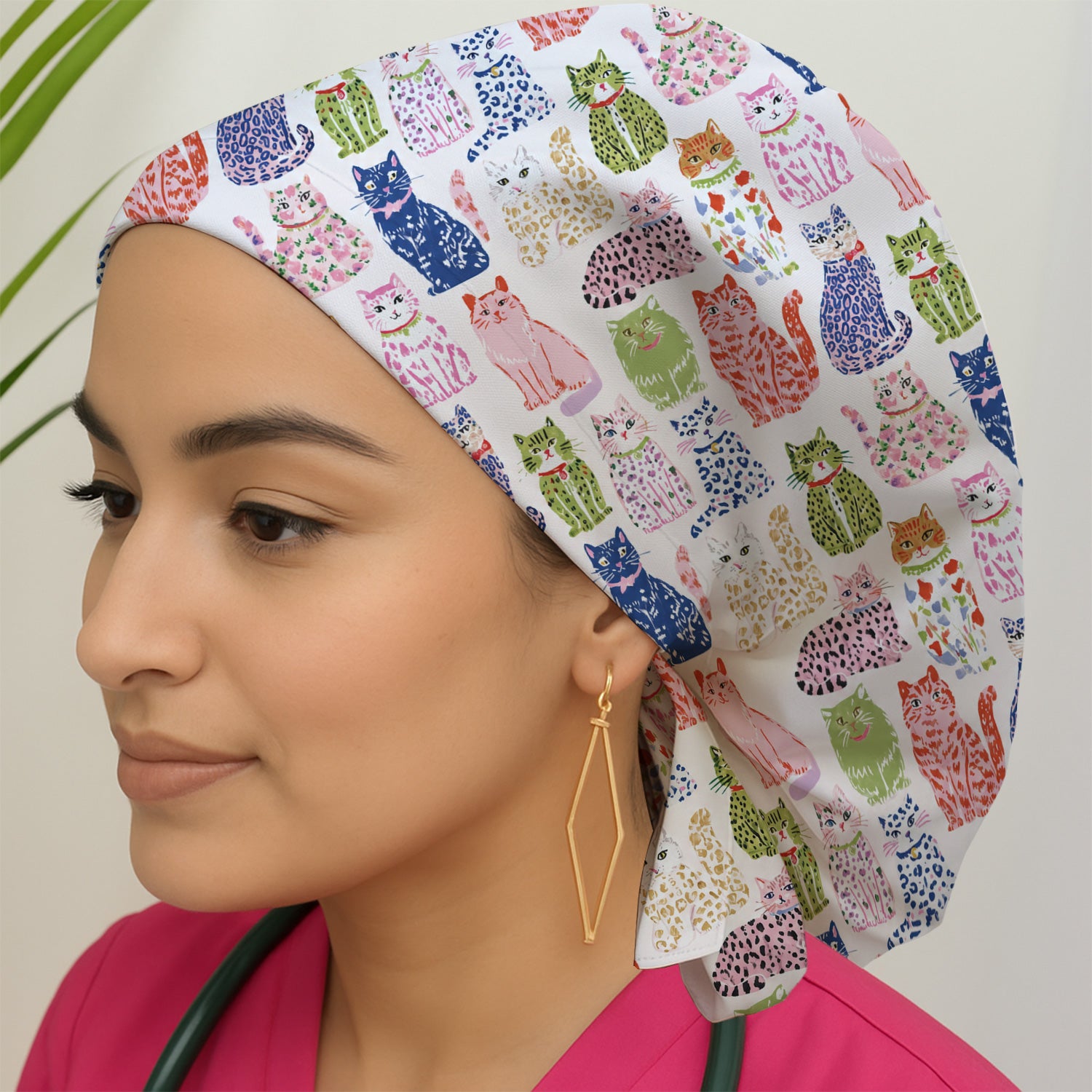Colorful Cat with Playful Pet Scrub Cap, Surgical Caps for Doctors