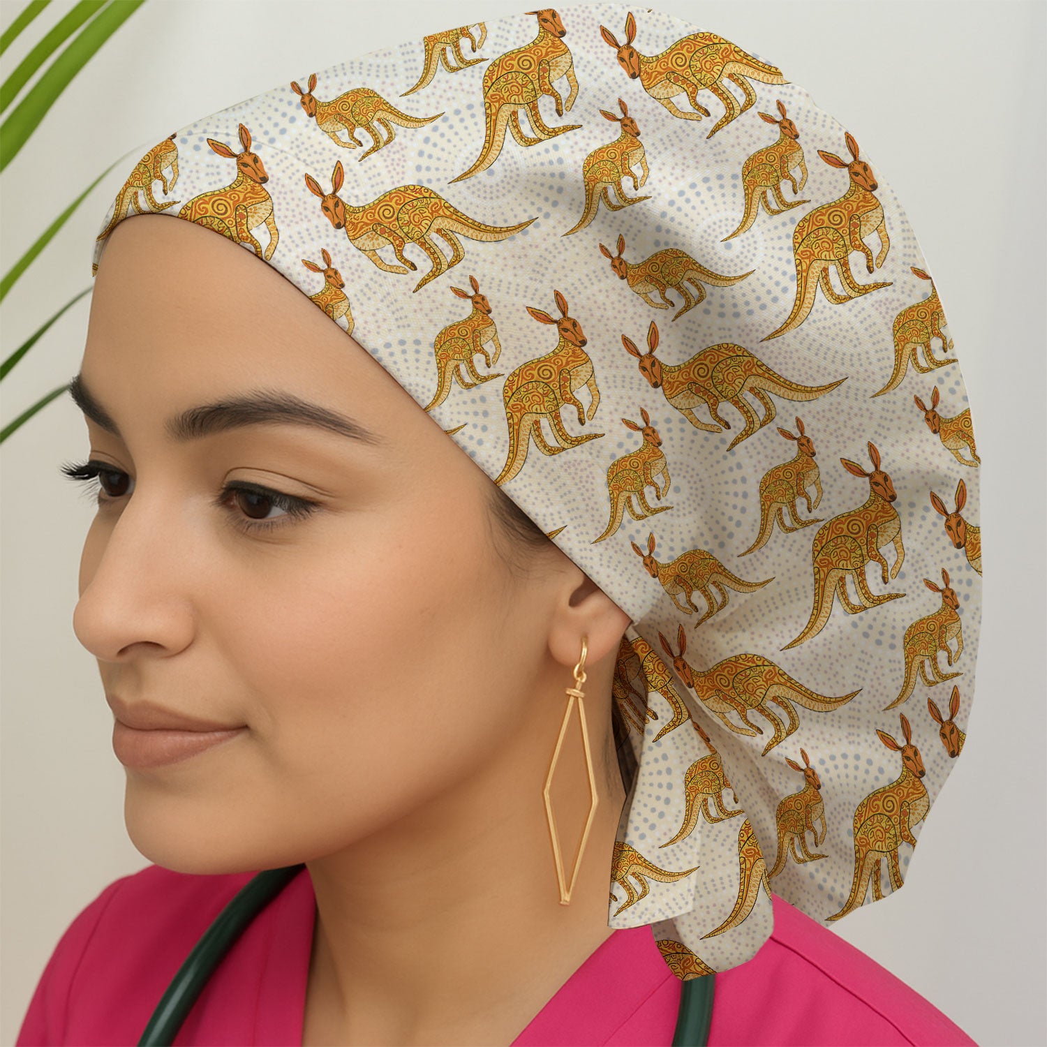 Australian Kangaroo Dot Art Inspired Nursing Scrub Caps for Women