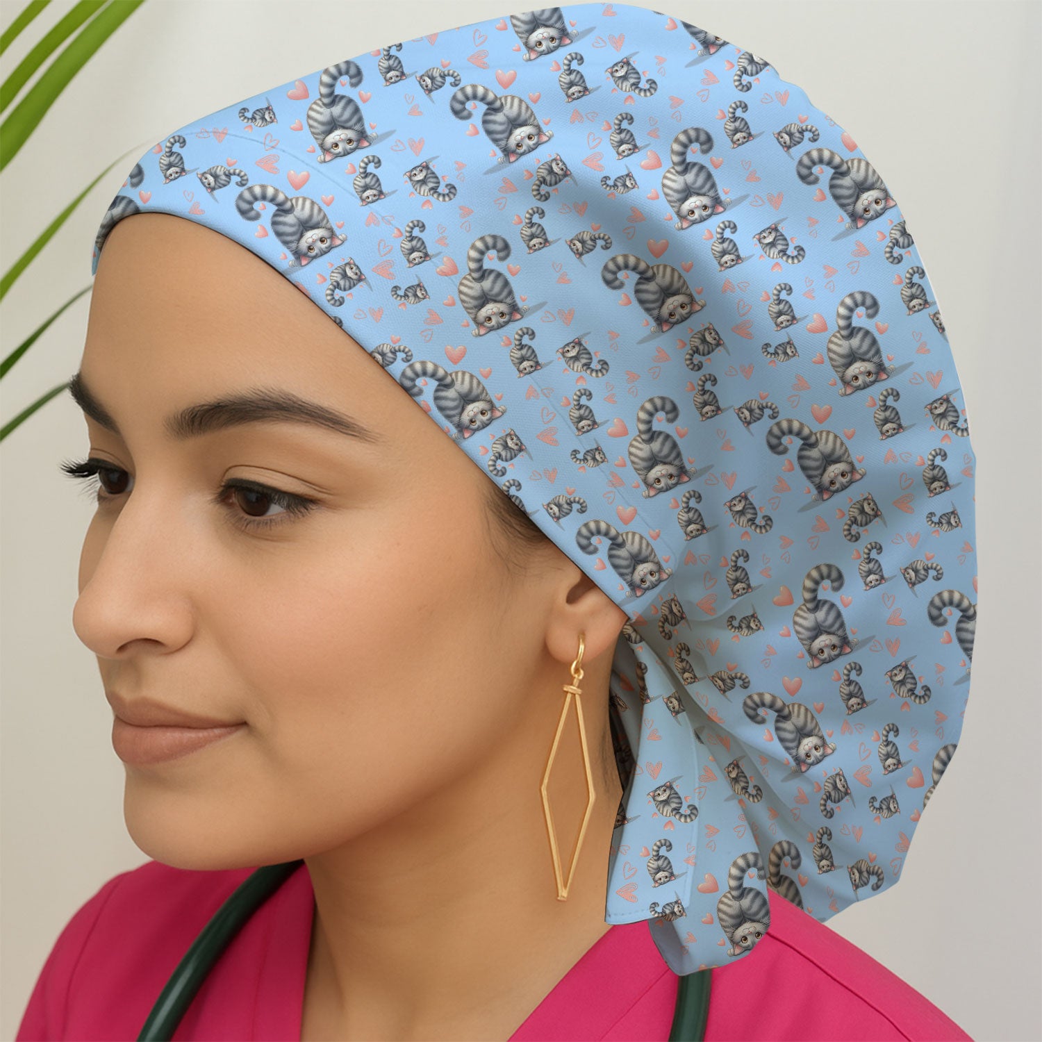 Valentine Cute Cat Scrub Cap, Cat Heart Pattern Nurse Uniform, Comfortable Scrubs For Nurses